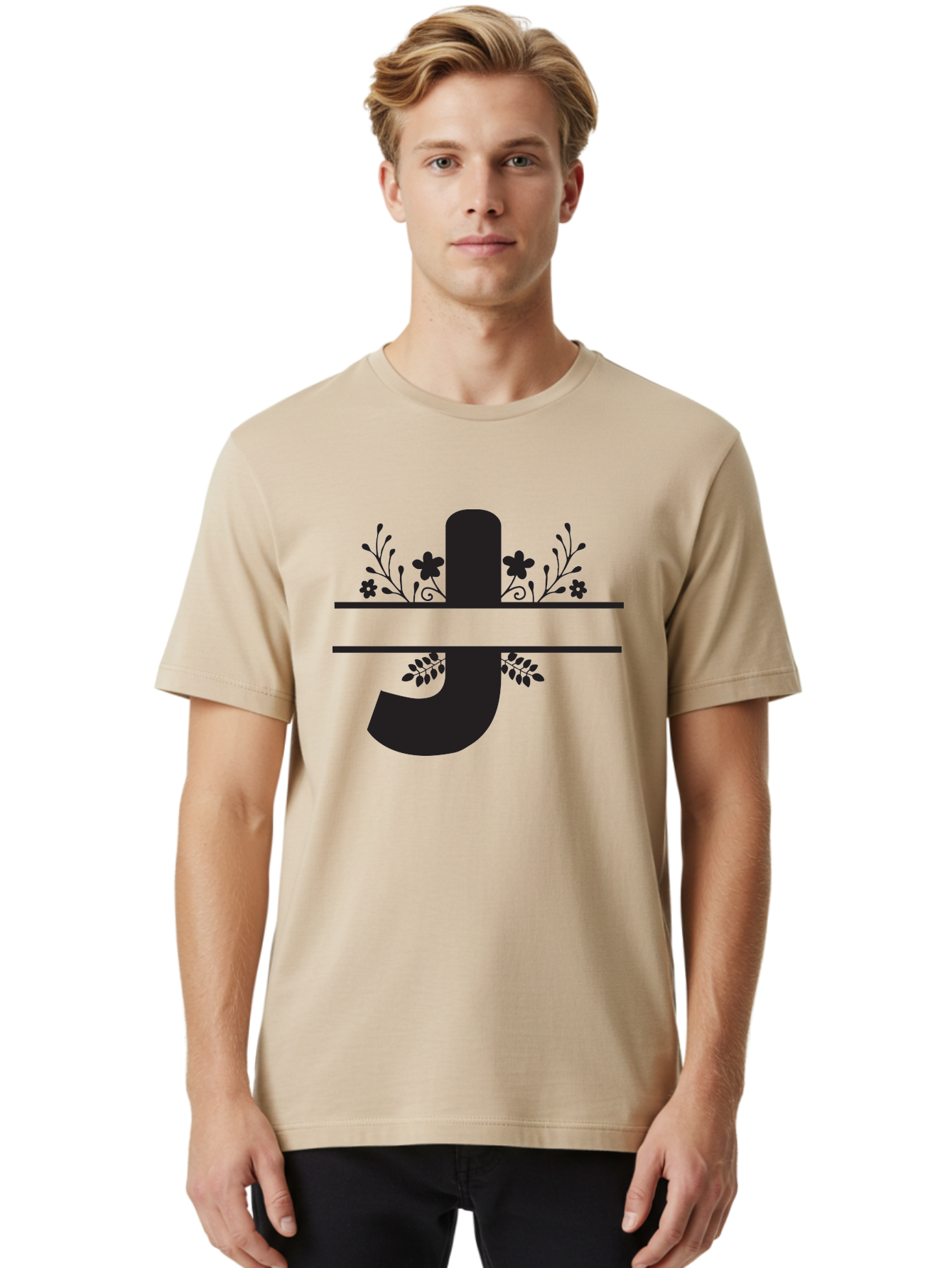 E-Symbol Men'S Graphic Tee, 100% Cotton, Comfortable Casual Summer Wear, Machine Washable, Floral Alphabet, Decorative Letter, Black And Green, Bold Font, Flowers And Leaves, Elegant Design, Stylized Lettering, Unique Typography Aac666 16