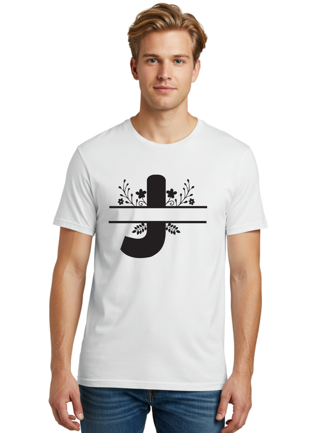 E-Symbol Men'S Graphic Tee, 100% Cotton, Comfortable Casual Summer Wear, Machine Washable, Floral Alphabet, Decorative Letter, Black And Green, Bold Font, Flowers And Leaves, Elegant Design, Stylized Lettering, Unique Typography Aac666 6