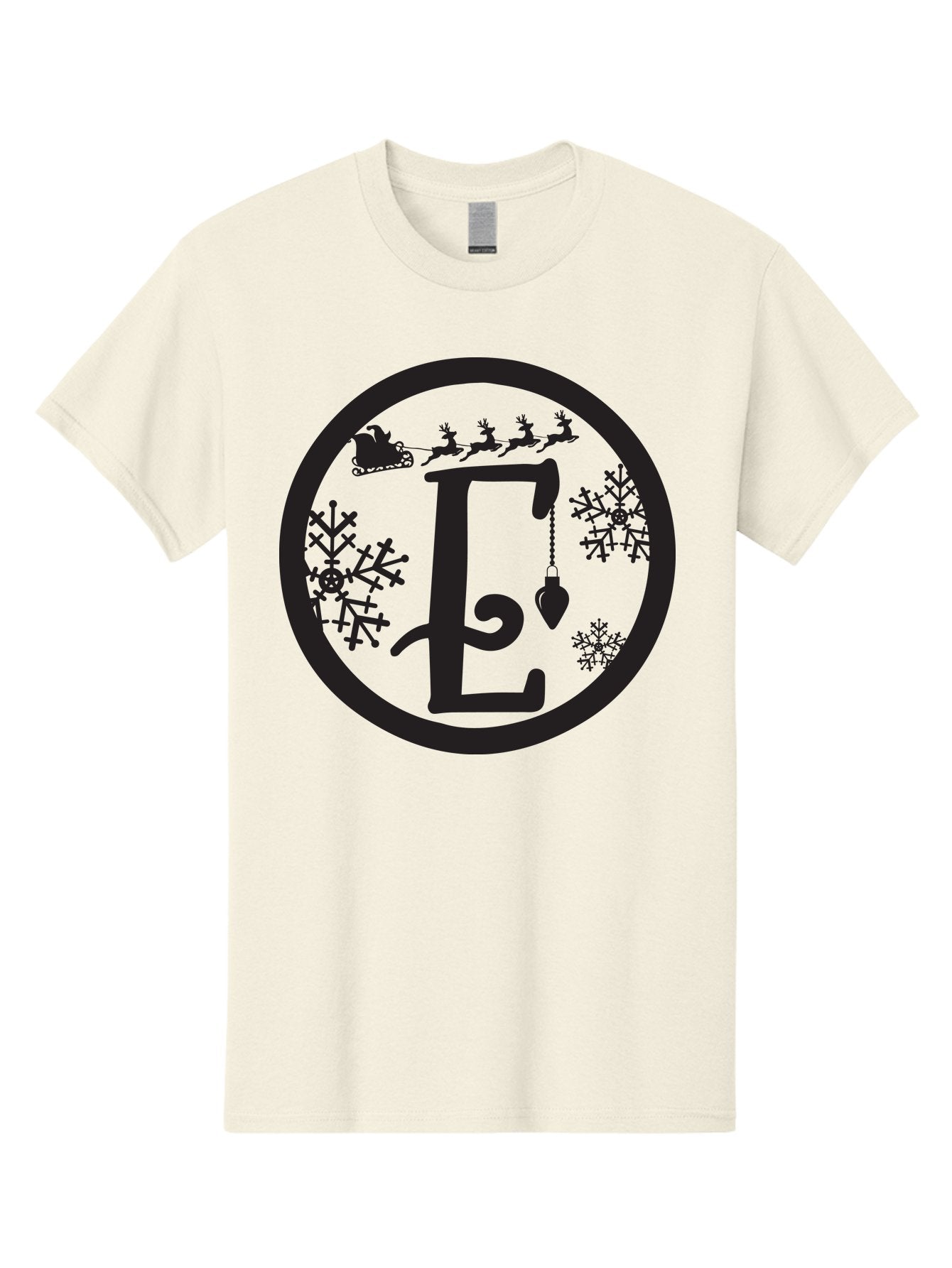 E Men'S Graphic Tee, 100% Cotton, Comfortable Casual Summer Wear, Machine Washable, Christmas Monogram, Festive Alphabet, Santa'S Sleigh, Reindeer In Flight, Snowflakes, Hanging Ornament, Holiday Decor, Winter Wonderland, Festive Design, Aac667 4