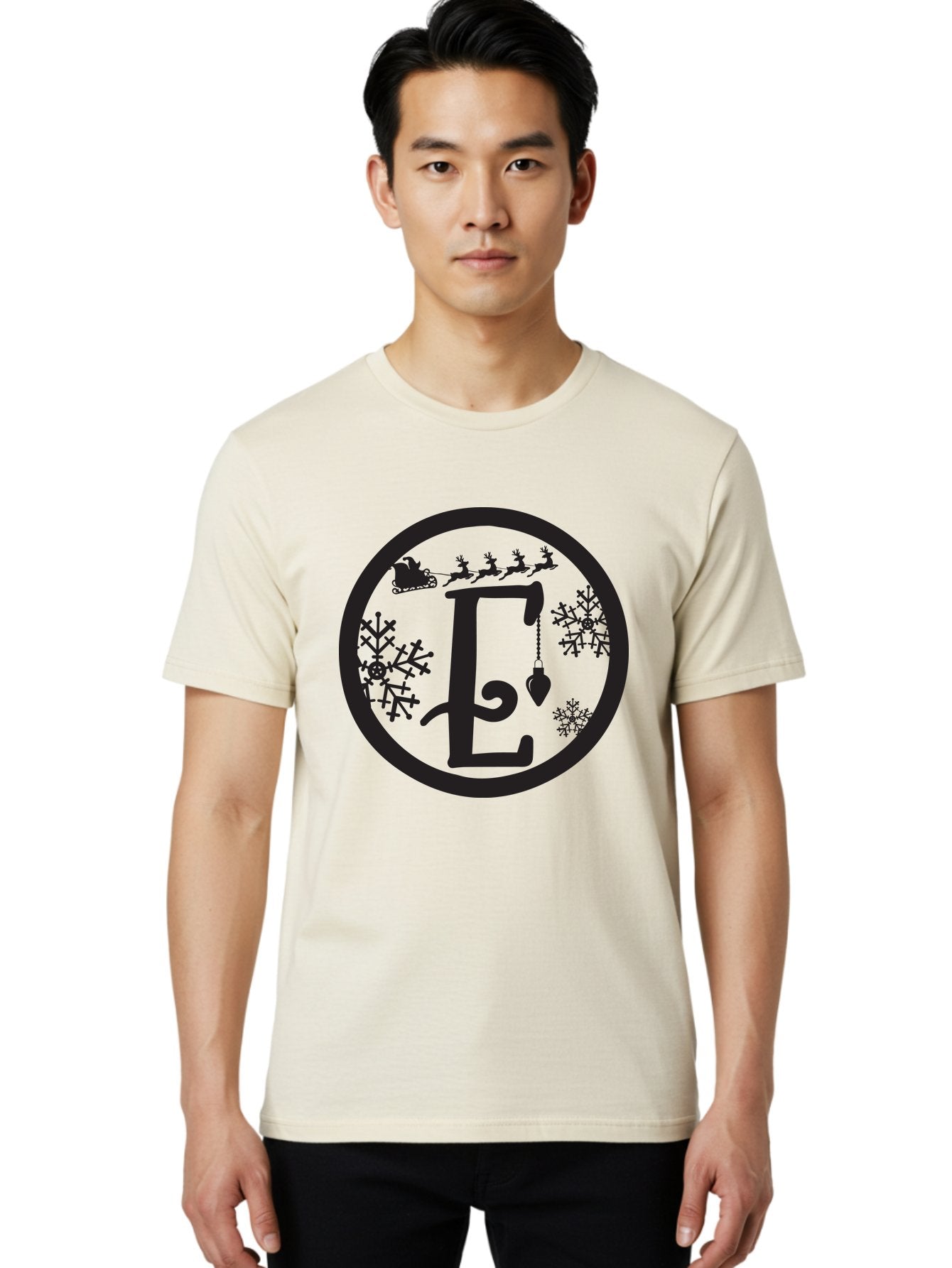 E Men'S Graphic Tee, 100% Cotton, Comfortable Casual Summer Wear, Machine Washable, Christmas Monogram, Festive Alphabet, Santa'S Sleigh, Reindeer In Flight, Snowflakes, Hanging Ornament, Holiday Decor, Winter Wonderland, Festive Design, Aac667 18