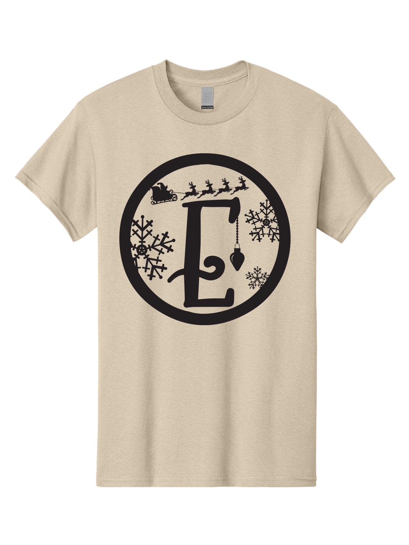 E Men'S Graphic Tee, 100% Cotton, Comfortable Casual Summer Wear, Machine Washable, Christmas Monogram, Festive Alphabet, Santa'S Sleigh, Reindeer In Flight, Snowflakes, Hanging Ornament, Holiday Decor, Winter Wonderland, Festive Design, Aac667 12