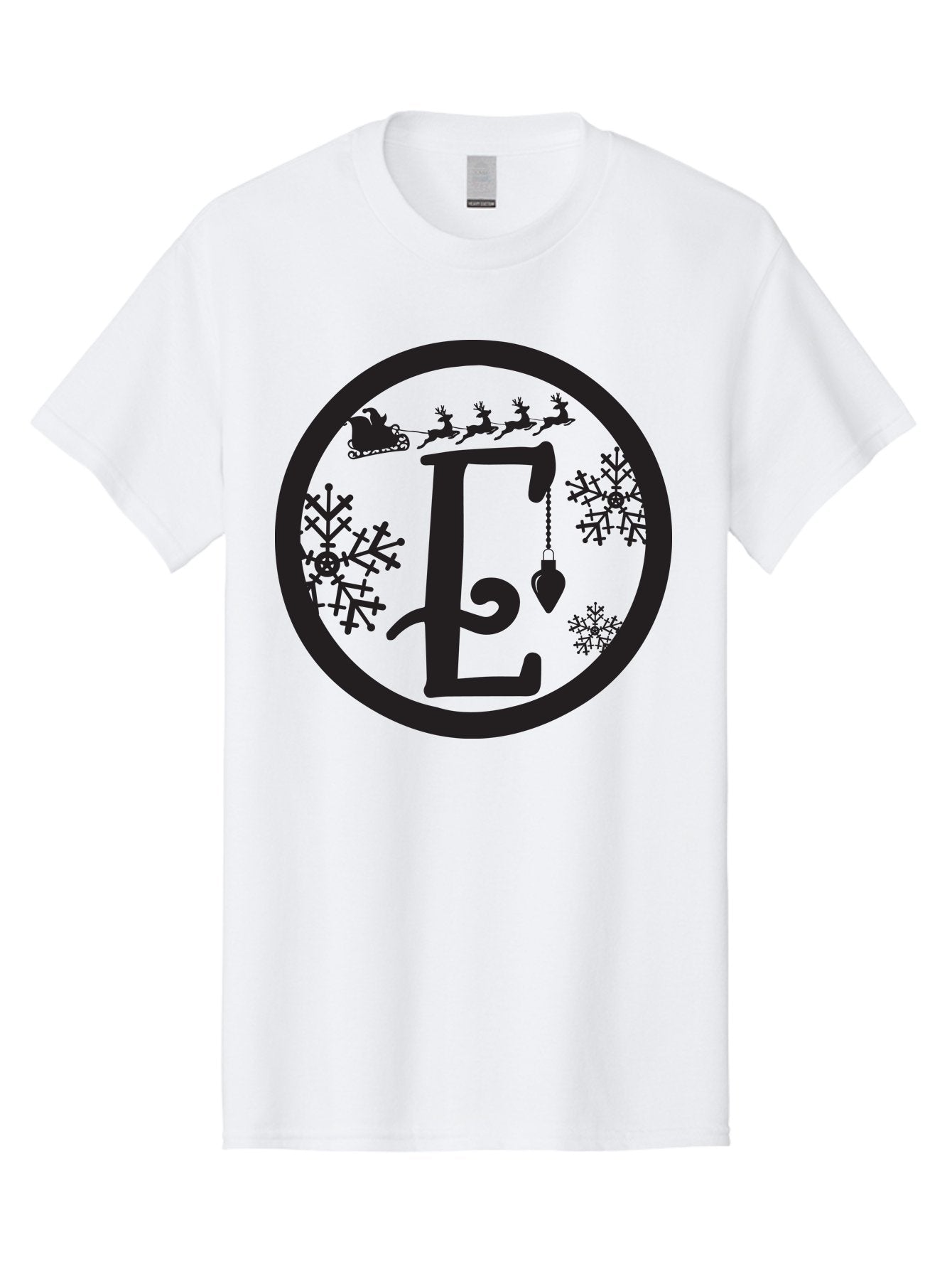 E Men'S Graphic Tee, 100% Cotton, Comfortable Casual Summer Wear, Machine Washable, Christmas Monogram, Festive Alphabet, Santa'S Sleigh, Reindeer In Flight, Snowflakes, Hanging Ornament, Holiday Decor, Winter Wonderland, Festive Design, Aac667