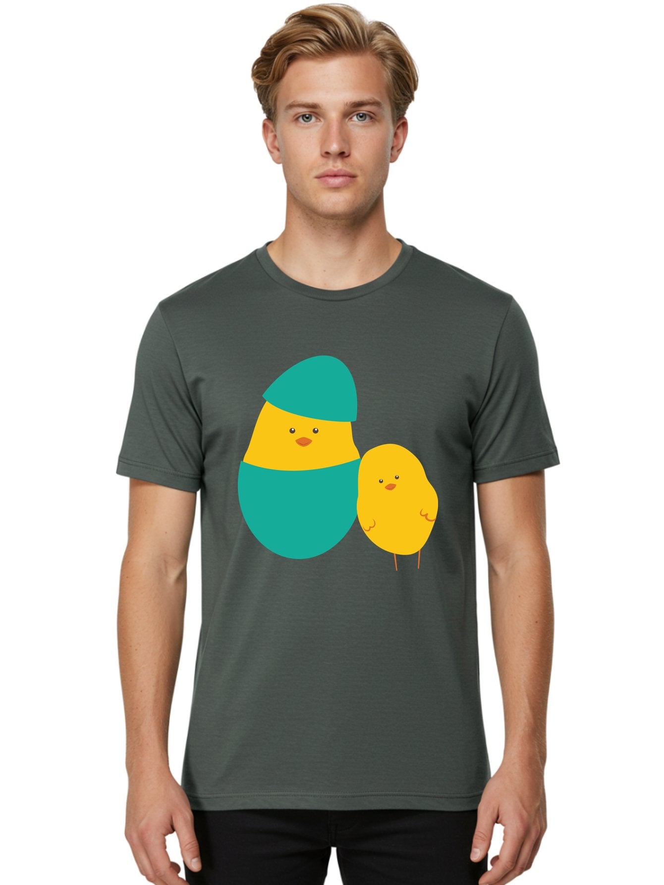Easter-Chick-And-Hatching-Chick Men'S Graphic Tee, 100% Cotton, Comfortable Casual Summer Wear, Machine Washable, Hatching Chick, Yellow Chick, Cartoon Character, Teal Egg, Newborn Animal, Cute Illustration, Nursery Art, Easter Theme, Aac669 27