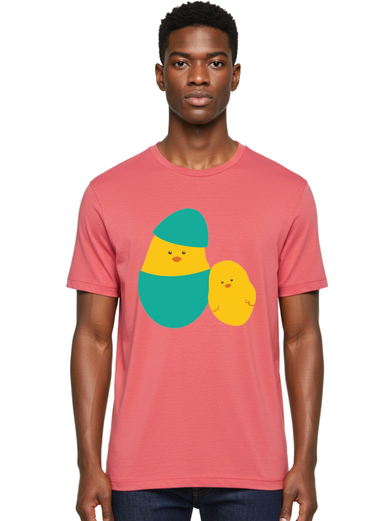 Easter-Chick-And-Hatching-Chick Men'S Graphic Tee, 100% Cotton, Comfortable Casual Summer Wear, Machine Washable, Hatching Chick, Yellow Chick, Cartoon Character, Teal Egg, Newborn Animal, Cute Illustration, Nursery Art, Easter Theme, Aac669 25
