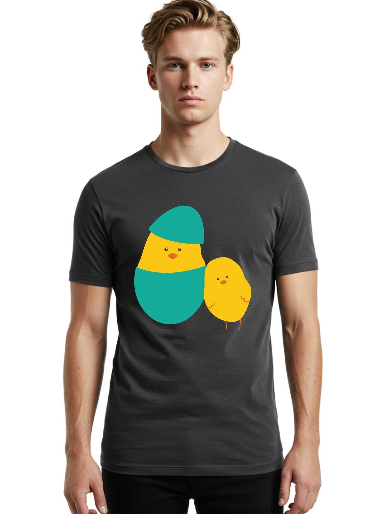 Easter-Chick-And-Hatching-Chick Men'S Graphic Tee, 100% Cotton, Comfortable Casual Summer Wear, Machine Washable, Hatching Chick, Yellow Chick, Cartoon Character, Teal Egg, Newborn Animal, Cute Illustration, Nursery Art, Easter Theme, Aac669 29