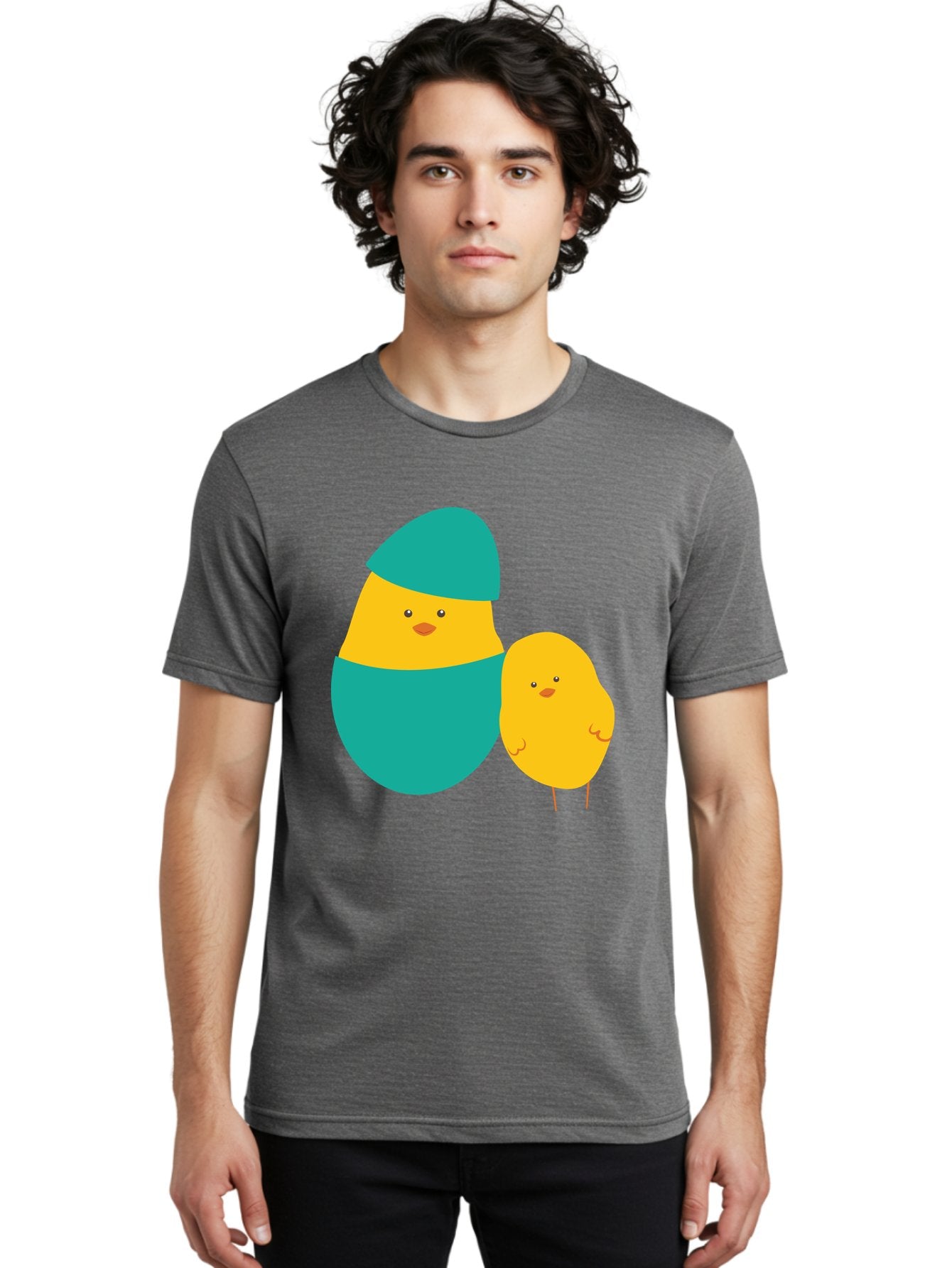 Easter-Chick-And-Hatching-Chick Men'S Graphic Tee, 100% Cotton, Comfortable Casual Summer Wear, Machine Washable, Hatching Chick, Yellow Chick, Cartoon Character, Teal Egg, Newborn Animal, Cute Illustration, Nursery Art, Easter Theme, Aac669 19
