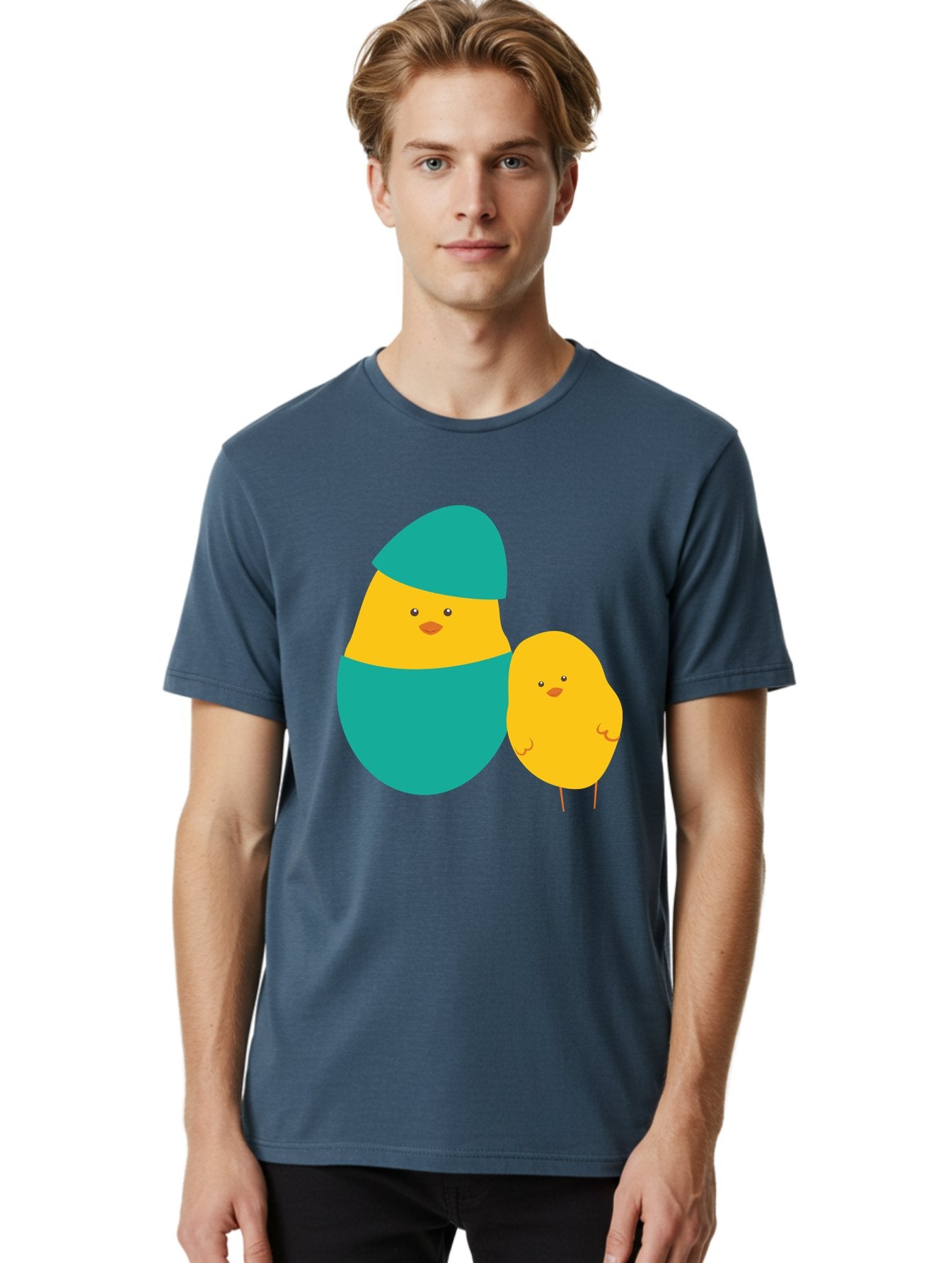 Easter-Chick-And-Hatching-Chick Men'S Graphic Tee, 100% Cotton, Comfortable Casual Summer Wear, Machine Washable, Hatching Chick, Yellow Chick, Cartoon Character, Teal Egg, Newborn Animal, Cute Illustration, Nursery Art, Easter Theme, Aac669 30
