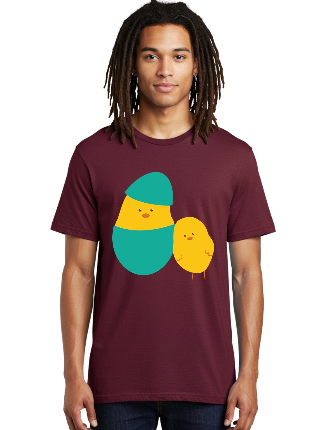 Easter-Chick-And-Hatching-Chick Men'S Graphic Tee, 100% Cotton, Comfortable Casual Summer Wear, Machine Washable, Hatching Chick, Yellow Chick, Cartoon Character, Teal Egg, Newborn Animal, Cute Illustration, Nursery Art, Easter Theme, Aac669 21