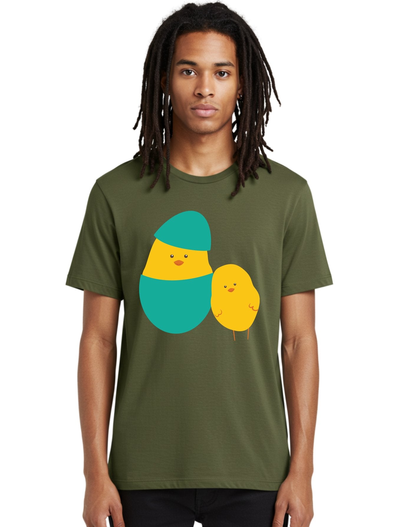Easter-Chick-And-Hatching-Chick Men'S Graphic Tee, 100% Cotton, Comfortable Casual Summer Wear, Machine Washable, Hatching Chick, Yellow Chick, Cartoon Character, Teal Egg, Newborn Animal, Cute Illustration, Nursery Art, Easter Theme, Aac669 23