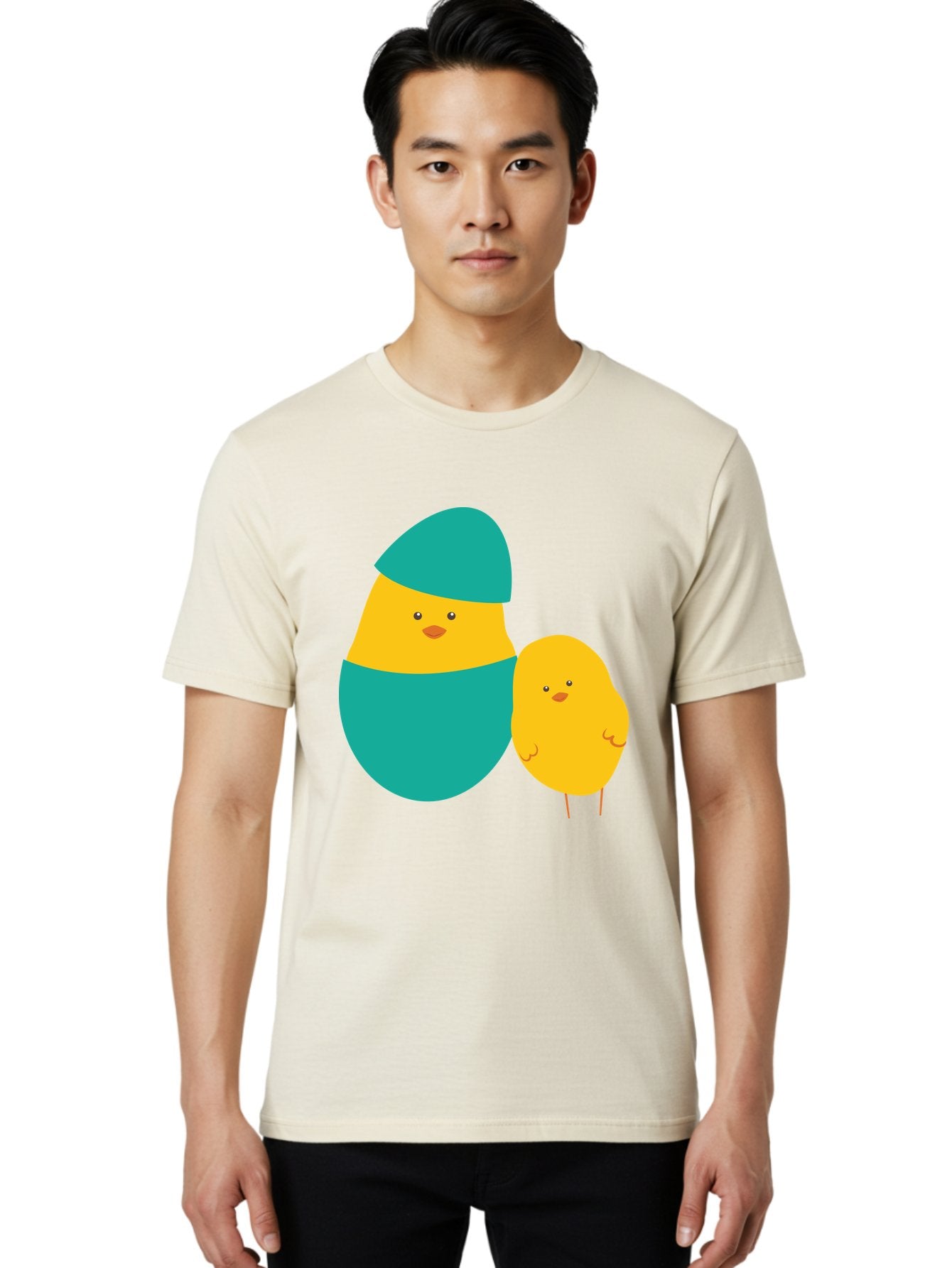 Easter-Chick-And-Hatching-Chick Men'S Graphic Tee, 100% Cotton, Comfortable Casual Summer Wear, Machine Washable, Hatching Chick, Yellow Chick, Cartoon Character, Teal Egg, Newborn Animal, Cute Illustration, Nursery Art, Easter Theme, Aac669 28