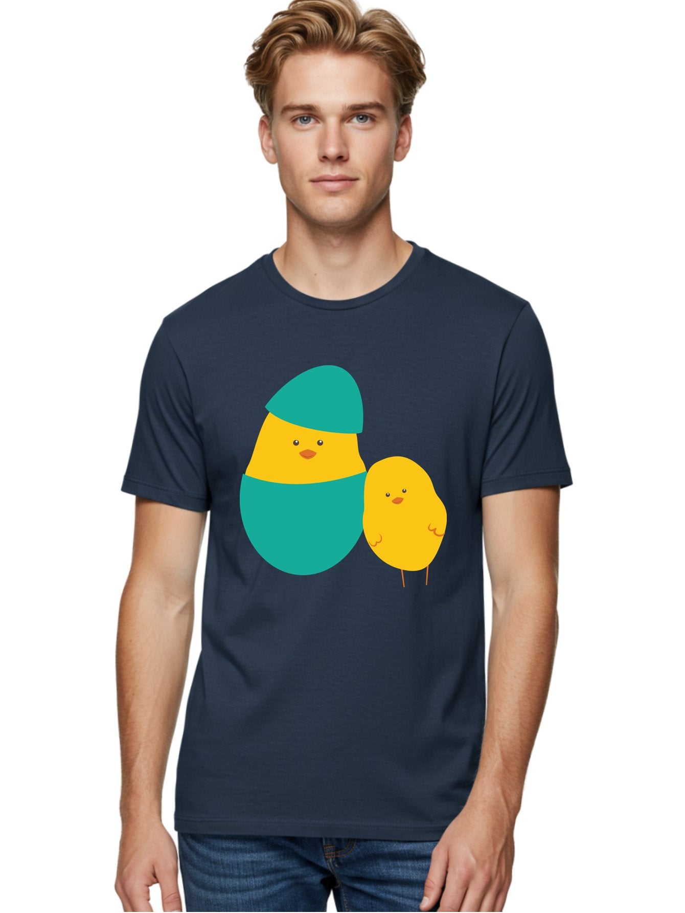 Easter-Chick-And-Hatching-Chick Men'S Graphic Tee, 100% Cotton, Comfortable Casual Summer Wear, Machine Washable, Hatching Chick, Yellow Chick, Cartoon Character, Teal Egg, Newborn Animal, Cute Illustration, Nursery Art, Easter Theme, Aac669 17