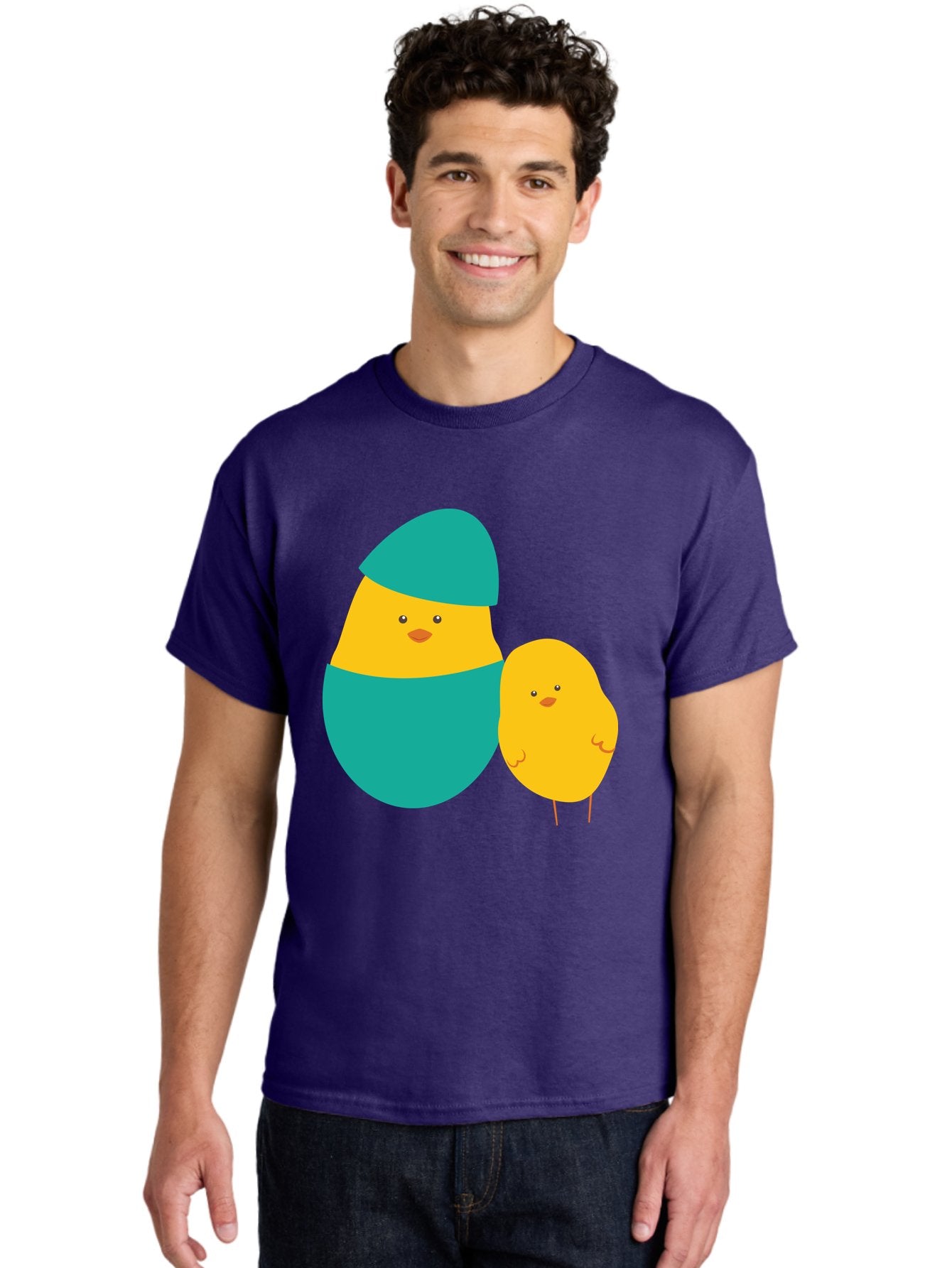 Easter-Chick-And-Hatching-Chick Men'S Graphic Tee, 100% Cotton, Comfortable Casual Summer Wear, Machine Washable, Hatching Chick, Yellow Chick, Cartoon Character, Teal Egg, Newborn Animal, Cute Illustration, Nursery Art, Easter Theme, Aac669 24
