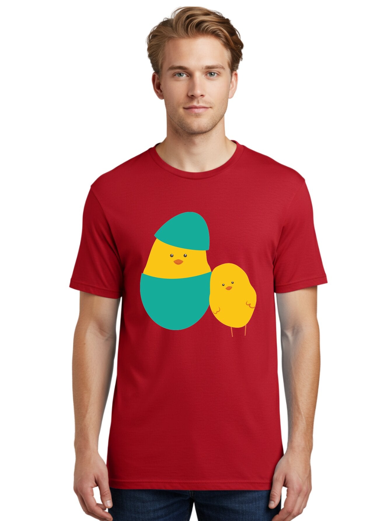 Easter-Chick-And-Hatching-Chick Men'S Graphic Tee, 100% Cotton, Comfortable Casual Summer Wear, Machine Washable, Hatching Chick, Yellow Chick, Cartoon Character, Teal Egg, Newborn Animal, Cute Illustration, Nursery Art, Easter Theme, Aac669 16