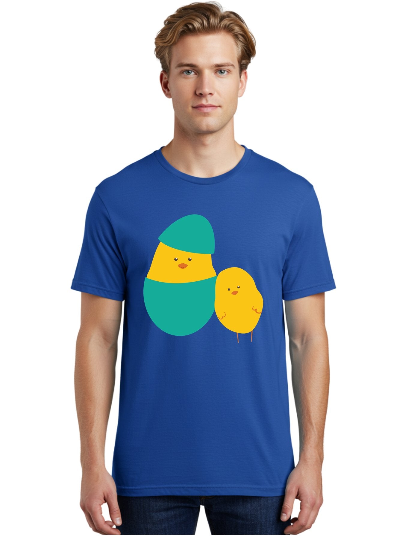 Easter-Chick-And-Hatching-Chick Men'S Graphic Tee, 100% Cotton, Comfortable Casual Summer Wear, Machine Washable, Hatching Chick, Yellow Chick, Cartoon Character, Teal Egg, Newborn Animal, Cute Illustration, Nursery Art, Easter Theme, Aac669 26