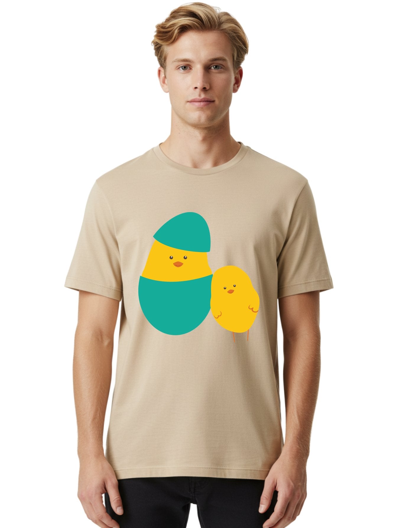 Easter-Chick-And-Hatching-Chick Men'S Graphic Tee, 100% Cotton, Comfortable Casual Summer Wear, Machine Washable, Hatching Chick, Yellow Chick, Cartoon Character, Teal Egg, Newborn Animal, Cute Illustration, Nursery Art, Easter Theme, Aac669 20