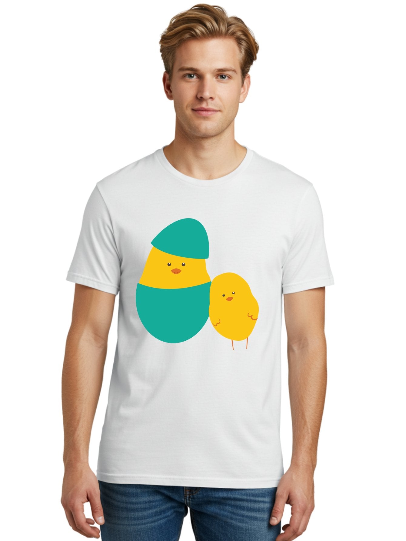 Easter-Chick-And-Hatching-Chick Men'S Graphic Tee, 100% Cotton, Comfortable Casual Summer Wear, Machine Washable, Hatching Chick, Yellow Chick, Cartoon Character, Teal Egg, Newborn Animal, Cute Illustration, Nursery Art, Easter Theme, Aac669 18