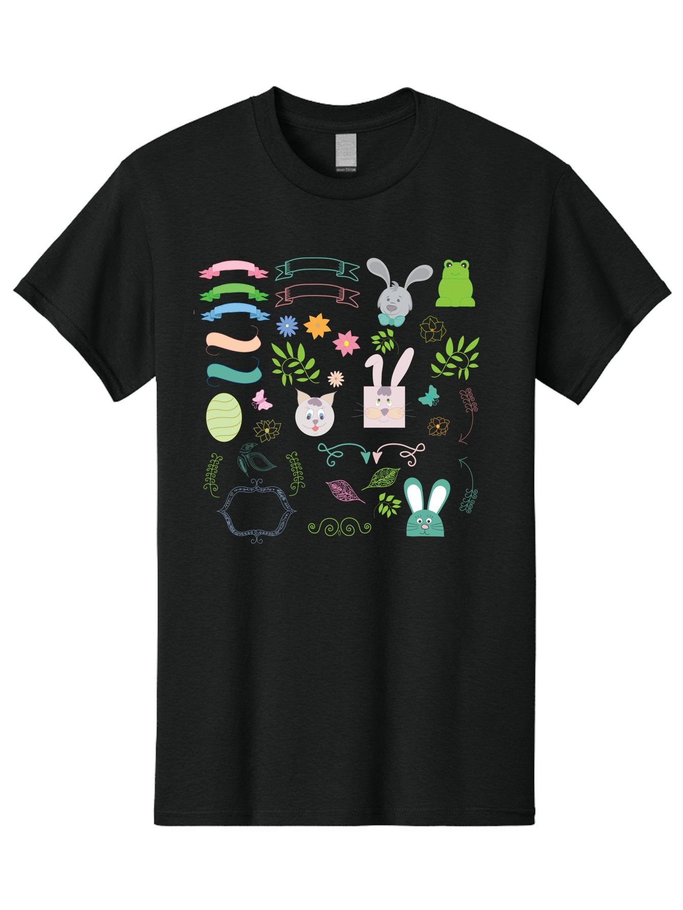 Easter-Clipart Men'S Graphic Tee, 100% Cotton, Comfortable Casual Summer Wear, Machine Washable, Bunny, Easter Eggs, Cat Face, Frog, Flowers, Butterflies, Leaves, Gift Box, Spring Decorations, Pastel Colors, Easter Basket Aac670 6