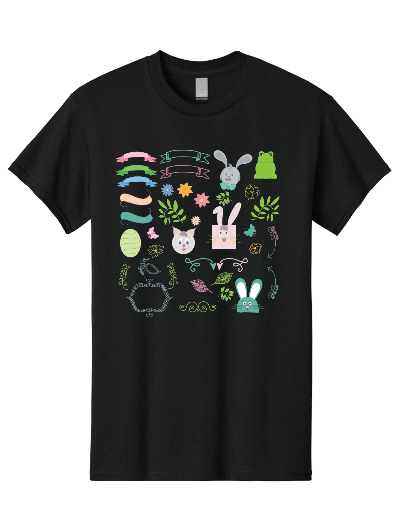 Easter-Clipart Men'S Graphic Tee, 100% Cotton, Comfortable Casual Summer Wear, Machine Washable, Bunny, Easter Eggs, Cat Face, Frog, Flowers, Butterflies, Leaves, Gift Box, Spring Decorations, Pastel Colors, Easter Basket Aac670 13
