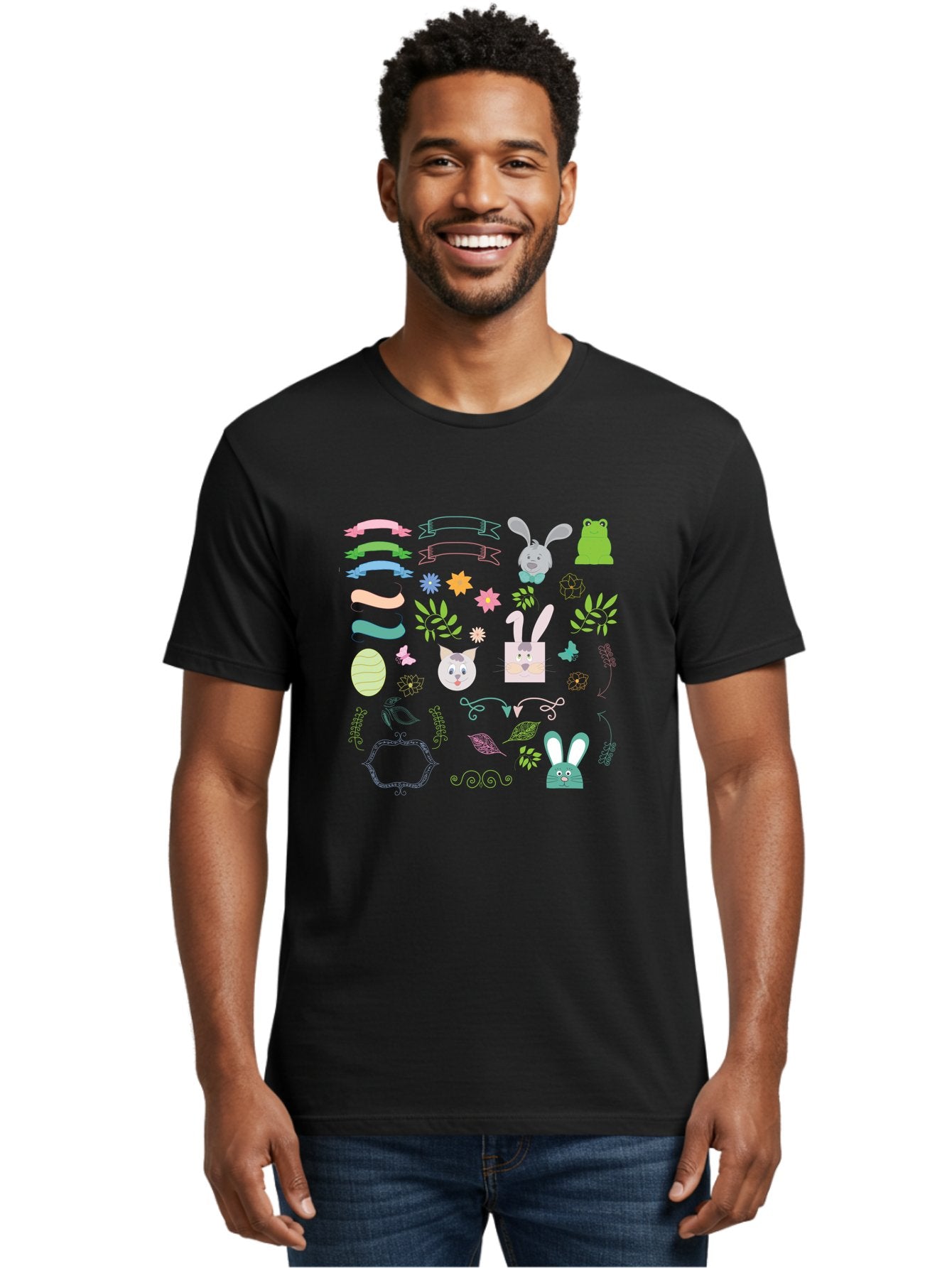 Easter-Clipart Men'S Graphic Tee, 100% Cotton, Comfortable Casual Summer Wear, Machine Washable, Bunny, Easter Eggs, Cat Face, Frog, Flowers, Butterflies, Leaves, Gift Box, Spring Decorations, Pastel Colors, Easter Basket Aac670 24