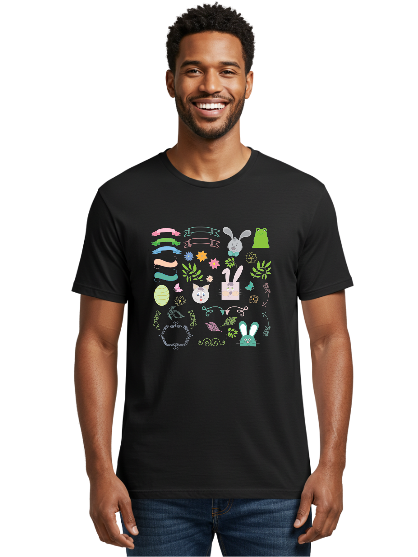 Easter-Clipart Men'S Graphic Tee, 100% Cotton, Comfortable Casual Summer Wear, Machine Washable, Bunny, Easter Eggs, Cat Face, Frog, Flowers, Butterflies, Leaves, Gift Box, Spring Decorations, Pastel Colors, Easter Basket Aac670 14
