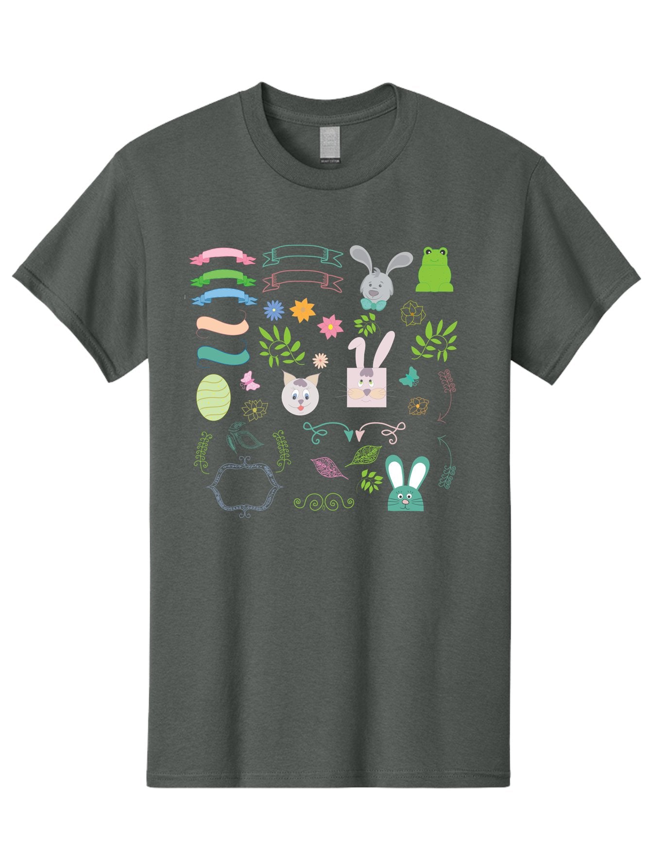 Easter-Clipart Men'S Graphic Tee, 100% Cotton, Comfortable Casual Summer Wear, Machine Washable, Bunny, Easter Eggs, Cat Face, Frog, Flowers, Butterflies, Leaves, Gift Box, Spring Decorations, Pastel Colors, Easter Basket Aac670 11