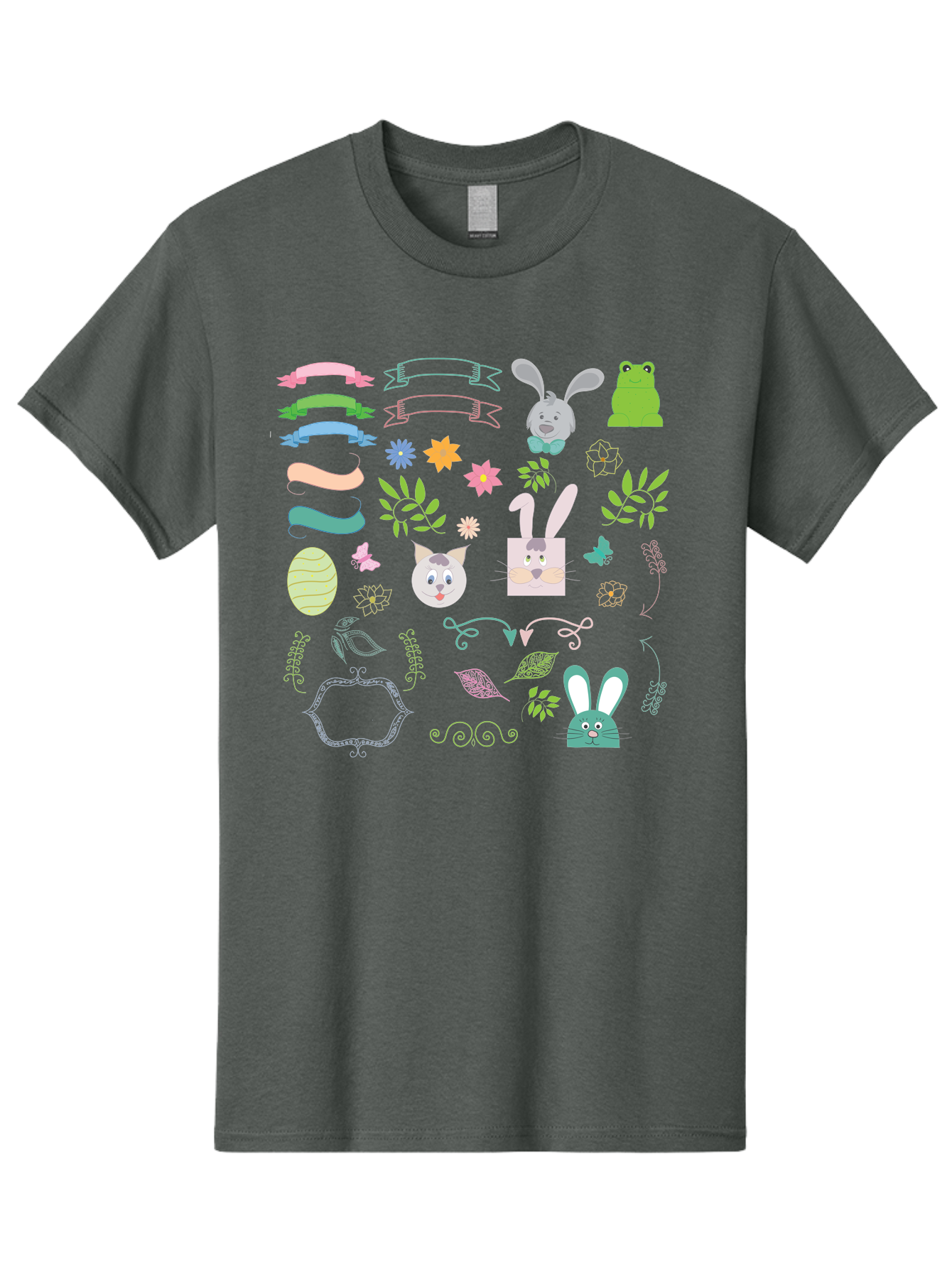 Easter-Clipart Men'S Graphic Tee, 100% Cotton, Comfortable Casual Summer Wear, Machine Washable, Bunny, Easter Eggs, Cat Face, Frog, Flowers, Butterflies, Leaves, Gift Box, Spring Decorations, Pastel Colors, Easter Basket Aac670 7