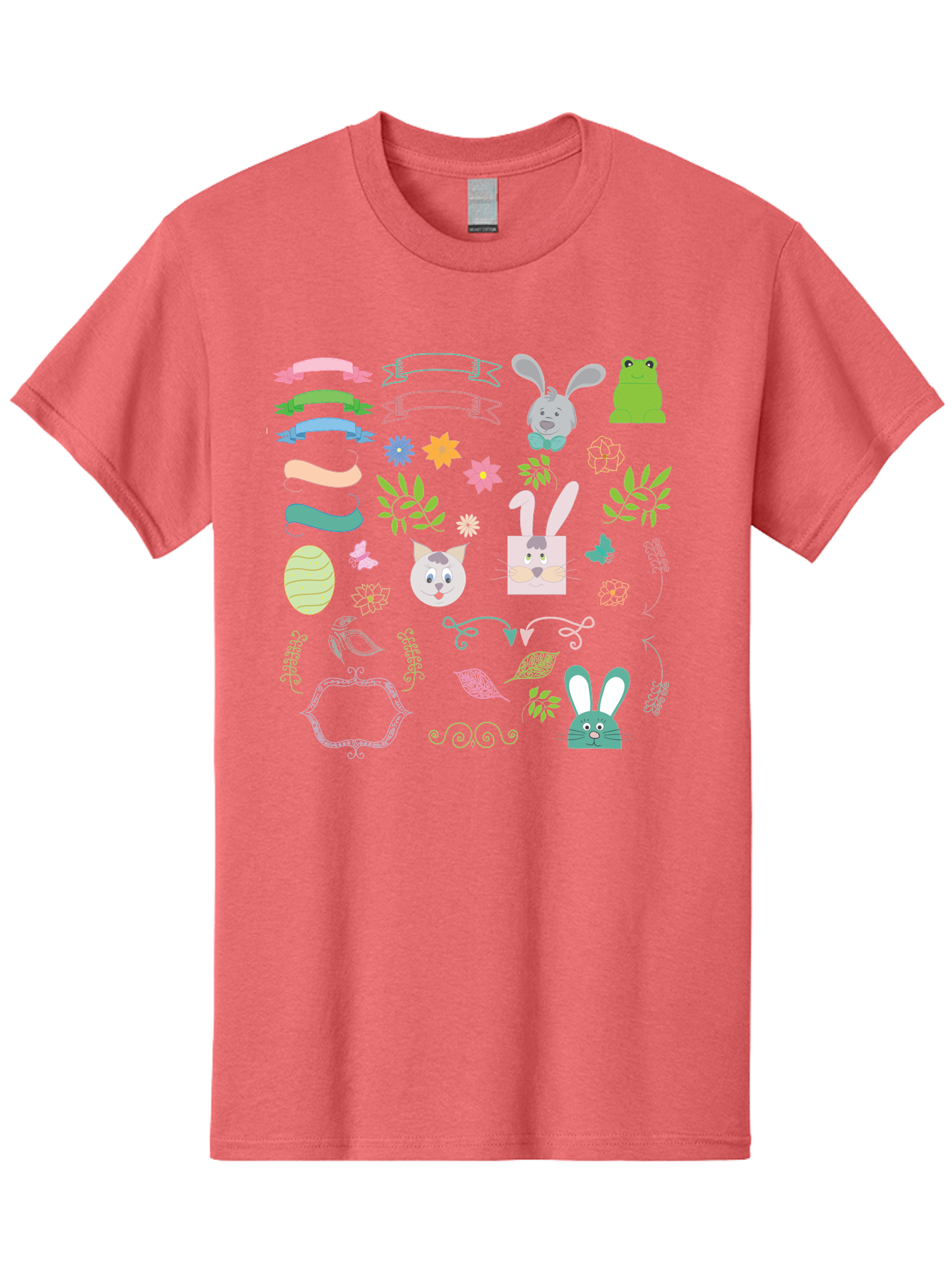 Easter-Clipart Men'S Graphic Tee, 100% Cotton, Comfortable Casual Summer Wear, Machine Washable, Bunny, Easter Eggs, Cat Face, Frog, Flowers, Butterflies, Leaves, Gift Box, Spring Decorations, Pastel Colors, Easter Basket Aac670 11