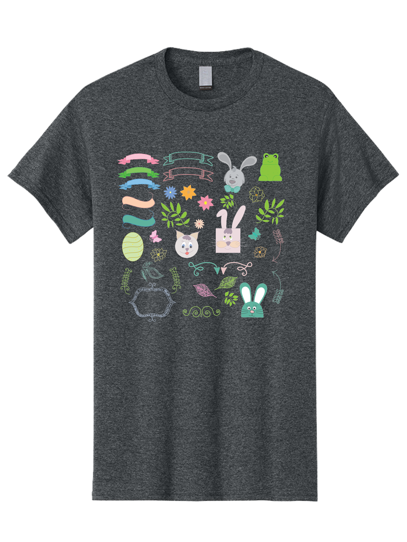 Easter-Clipart Men'S Graphic Tee, 100% Cotton, Comfortable Casual Summer Wear, Machine Washable, Bunny, Easter Eggs, Cat Face, Frog, Flowers, Butterflies, Leaves, Gift Box, Spring Decorations, Pastel Colors, Easter Basket Aac670