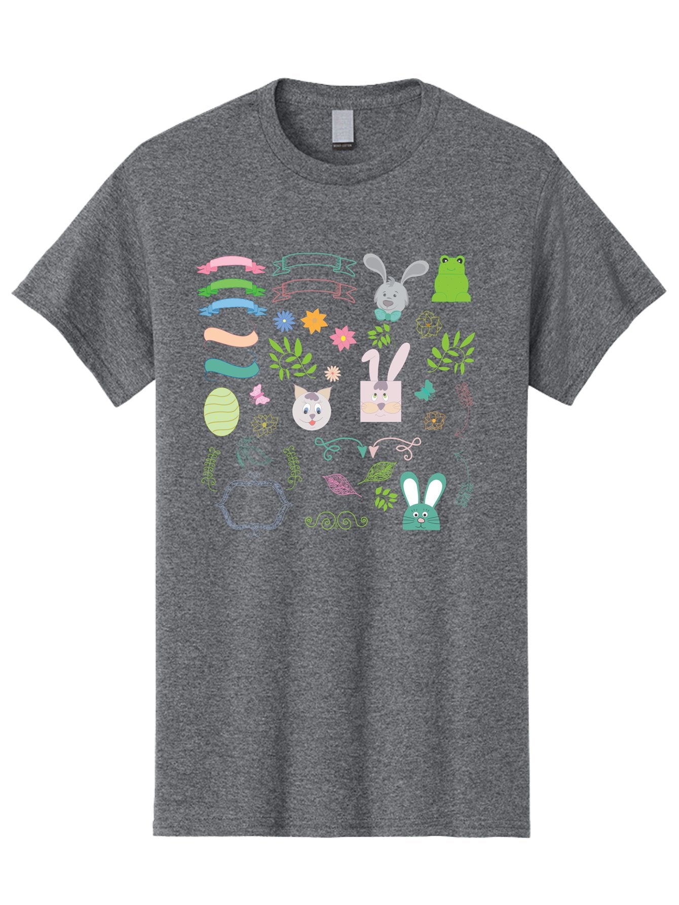 Easter-Clipart Men'S Graphic Tee, 100% Cotton, Comfortable Casual Summer Wear, Machine Washable, Bunny, Easter Eggs, Cat Face, Frog, Flowers, Butterflies, Leaves, Gift Box, Spring Decorations, Pastel Colors, Easter Basket Aac670