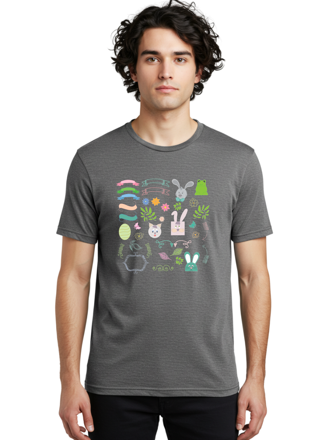 Easter-Clipart Men'S Graphic Tee, 100% Cotton, Comfortable Casual Summer Wear, Machine Washable, Bunny, Easter Eggs, Cat Face, Frog, Flowers, Butterflies, Leaves, Gift Box, Spring Decorations, Pastel Colors, Easter Basket Aac670 20