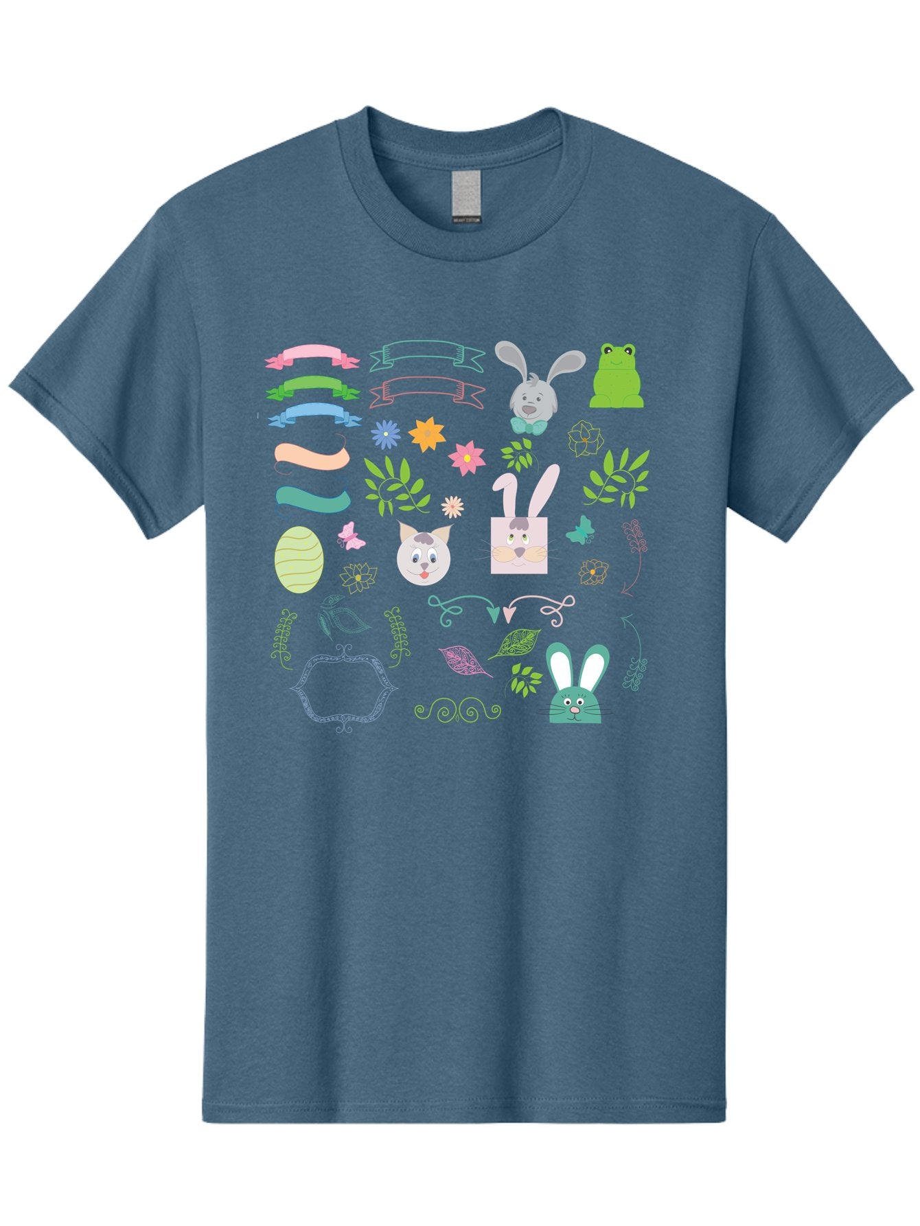Easter-Clipart Men'S Graphic Tee, 100% Cotton, Comfortable Casual Summer Wear, Machine Washable, Bunny, Easter Eggs, Cat Face, Frog, Flowers, Butterflies, Leaves, Gift Box, Spring Decorations, Pastel Colors, Easter Basket Aac670 12