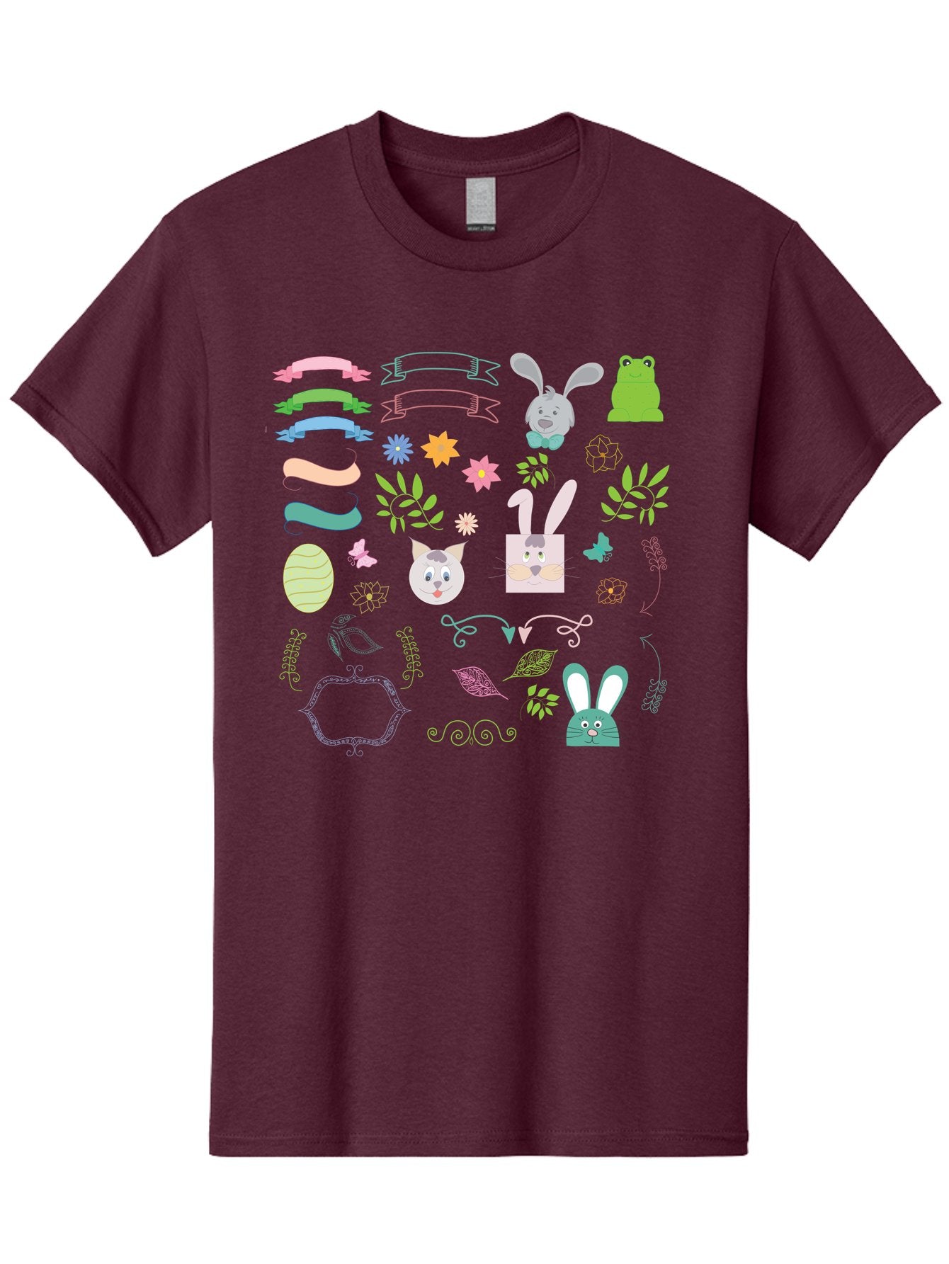 Easter-Clipart Men'S Graphic Tee, 100% Cotton, Comfortable Casual Summer Wear, Machine Washable, Bunny, Easter Eggs, Cat Face, Frog, Flowers, Butterflies, Leaves, Gift Box, Spring Decorations, Pastel Colors, Easter Basket Aac670 5