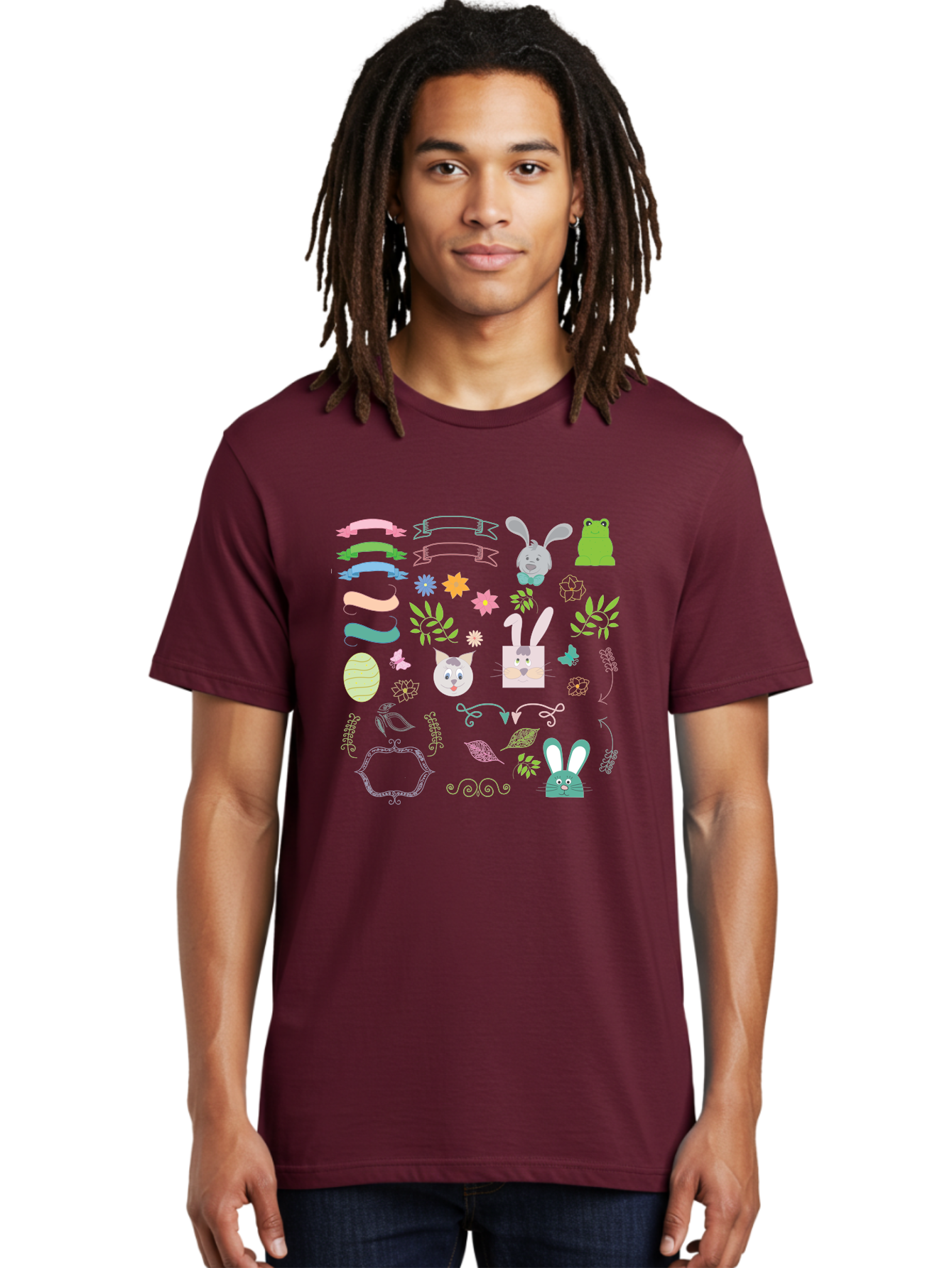 Easter-Clipart Men'S Graphic Tee, 100% Cotton, Comfortable Casual Summer Wear, Machine Washable, Bunny, Easter Eggs, Cat Face, Frog, Flowers, Butterflies, Leaves, Gift Box, Spring Decorations, Pastel Colors, Easter Basket Aac670 16