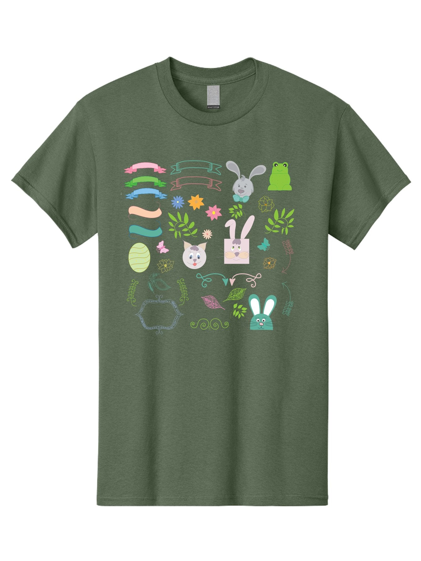 Easter-Clipart Men'S Graphic Tee, 100% Cotton, Comfortable Casual Summer Wear, Machine Washable, Bunny, Easter Eggs, Cat Face, Frog, Flowers, Butterflies, Leaves, Gift Box, Spring Decorations, Pastel Colors, Easter Basket Aac670 7