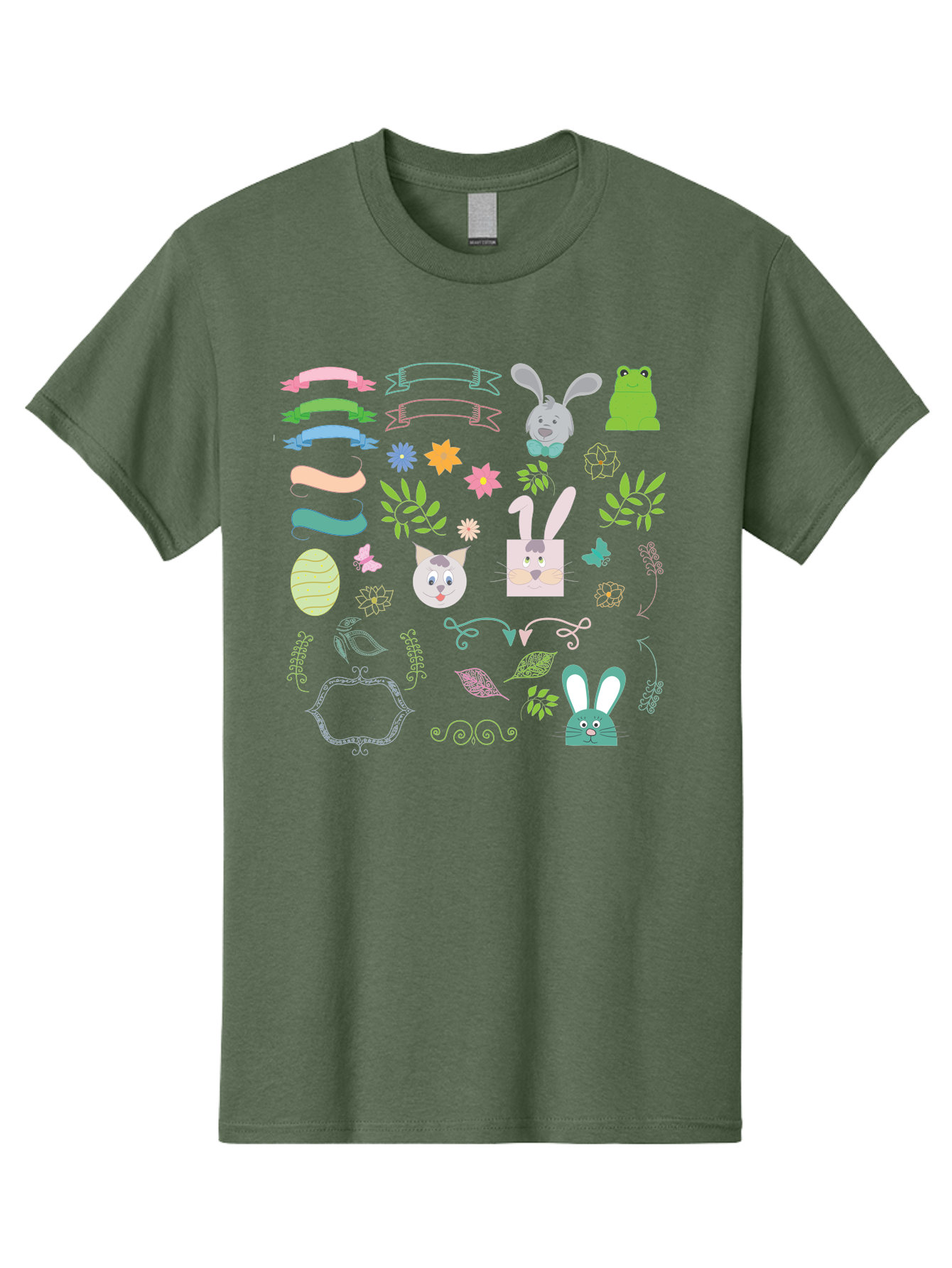 Easter-Clipart Men'S Graphic Tee, 100% Cotton, Comfortable Casual Summer Wear, Machine Washable, Bunny, Easter Eggs, Cat Face, Frog, Flowers, Butterflies, Leaves, Gift Box, Spring Decorations, Pastel Colors, Easter Basket Aac670 25