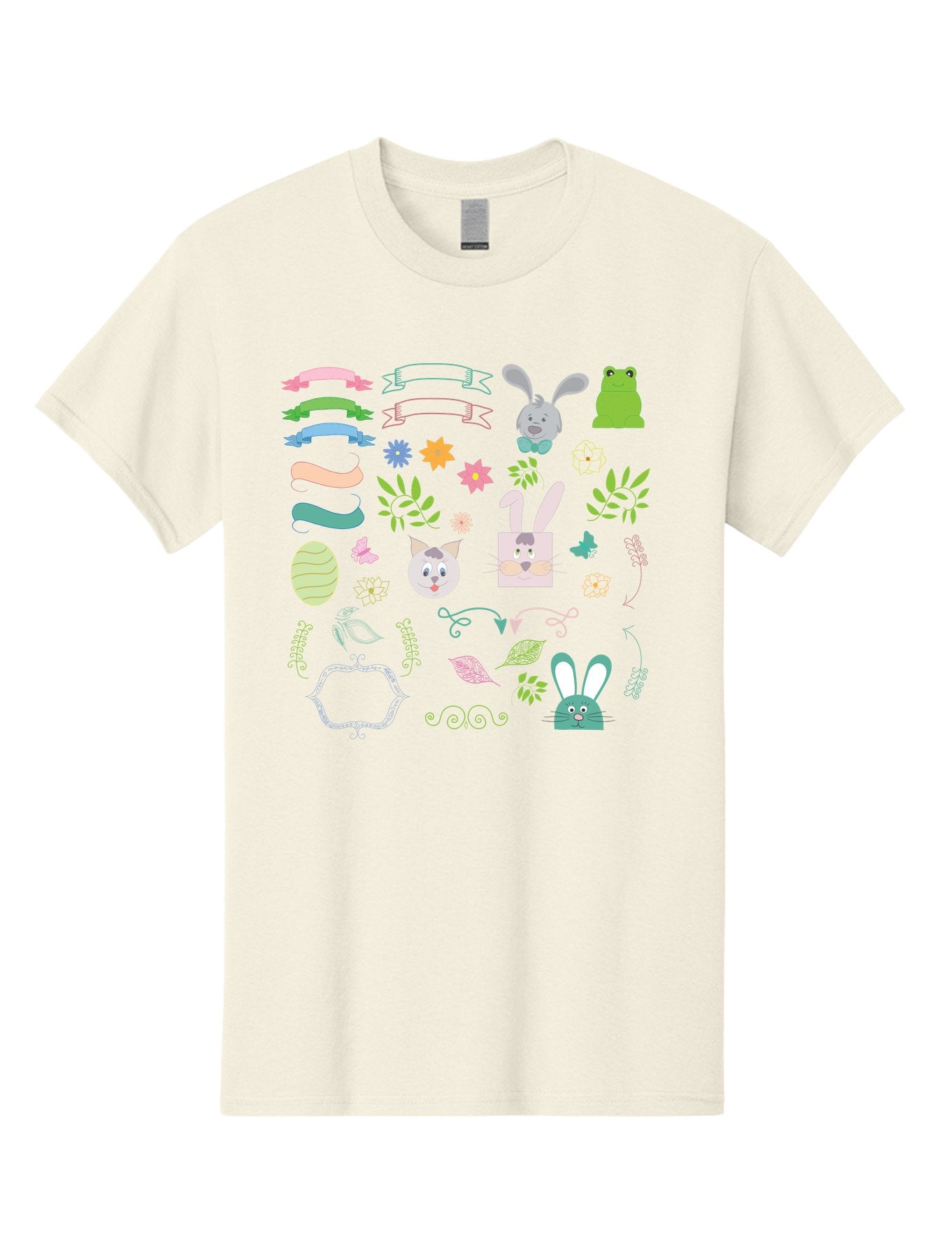 Easter-Clipart Men'S Graphic Tee, 100% Cotton, Comfortable Casual Summer Wear, Machine Washable, Bunny, Easter Eggs, Cat Face, Frog, Flowers, Butterflies, Leaves, Gift Box, Spring Decorations, Pastel Colors, Easter Basket Aac670 10