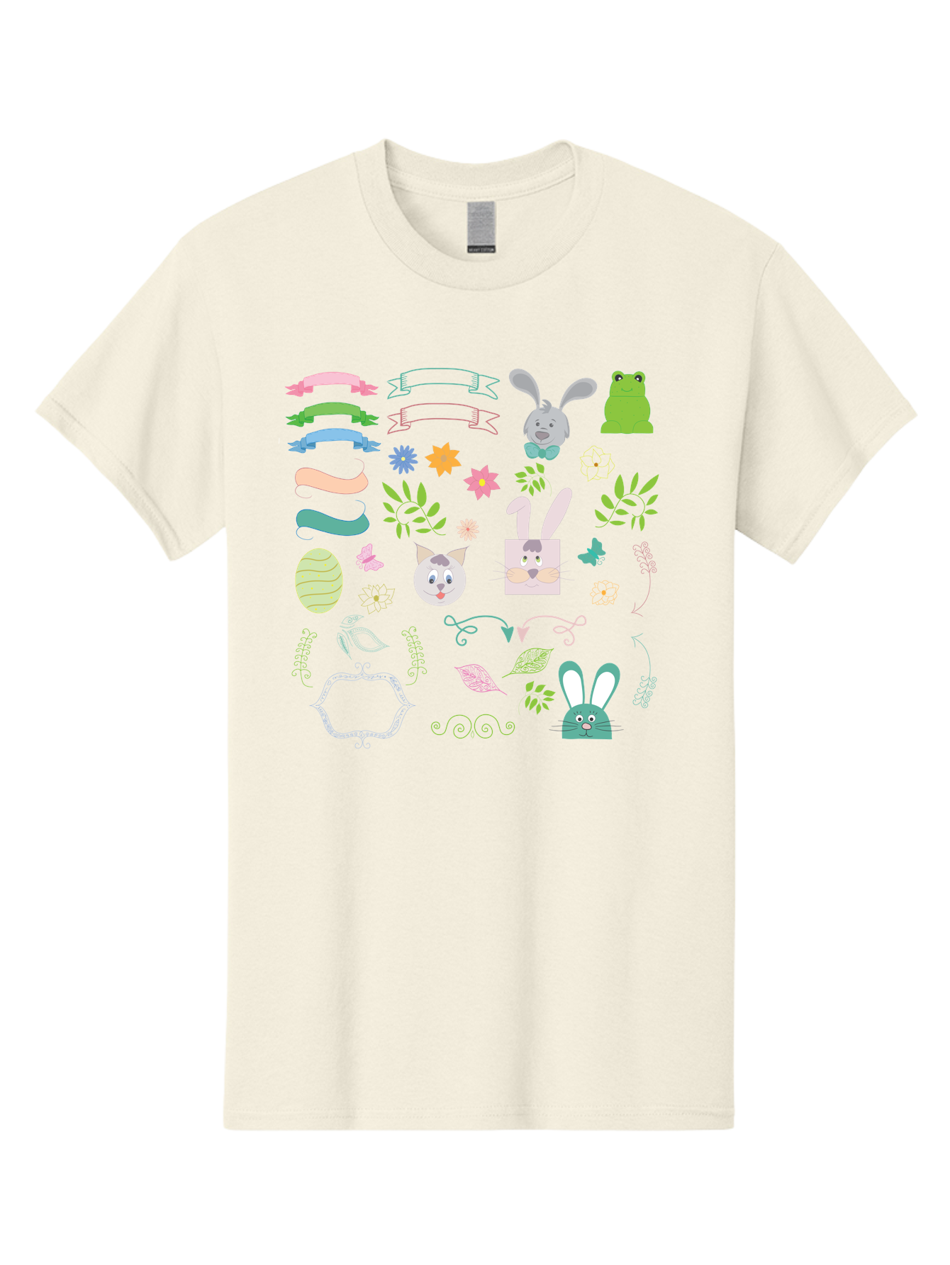 Easter-Clipart Men'S Graphic Tee, 100% Cotton, Comfortable Casual Summer Wear, Machine Washable, Bunny, Easter Eggs, Cat Face, Frog, Flowers, Butterflies, Leaves, Gift Box, Spring Decorations, Pastel Colors, Easter Basket Aac670 27