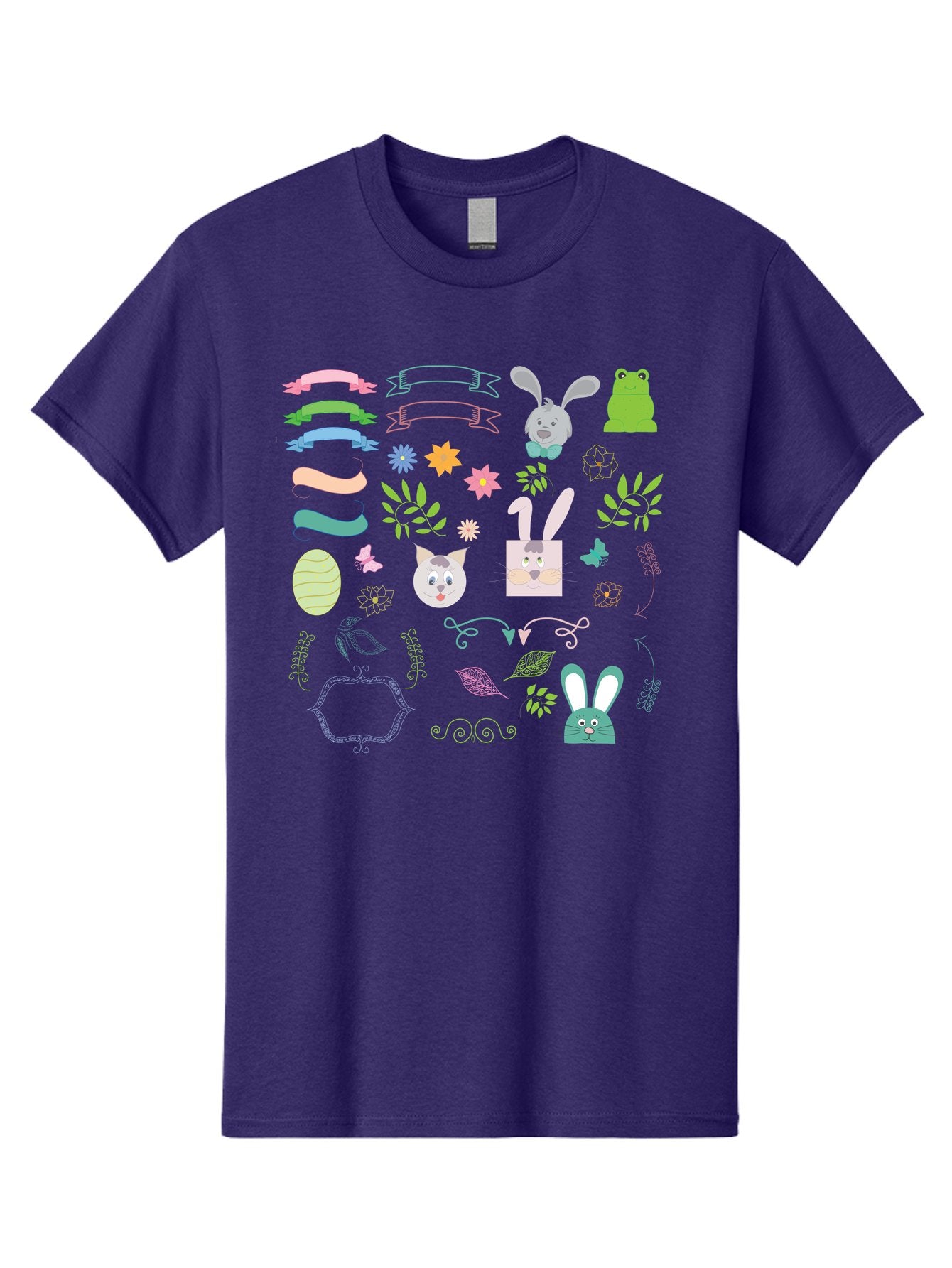 Easter-Clipart Men'S Graphic Tee, 100% Cotton, Comfortable Casual Summer Wear, Machine Washable, Bunny, Easter Eggs, Cat Face, Frog, Flowers, Butterflies, Leaves, Gift Box, Spring Decorations, Pastel Colors, Easter Basket Aac670 4