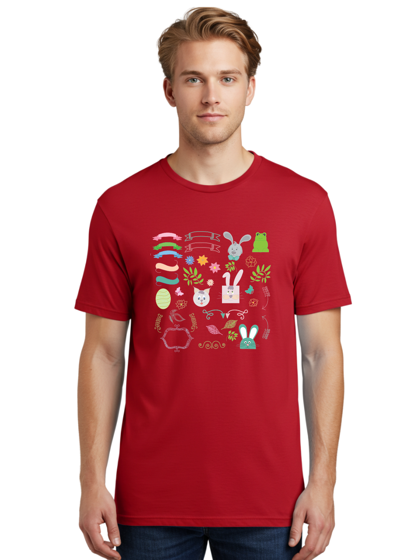 Easter-Clipart Men'S Graphic Tee, 100% Cotton, Comfortable Casual Summer Wear, Machine Washable, Bunny, Easter Eggs, Cat Face, Frog, Flowers, Butterflies, Leaves, Gift Box, Spring Decorations, Pastel Colors, Easter Basket Aac670 4