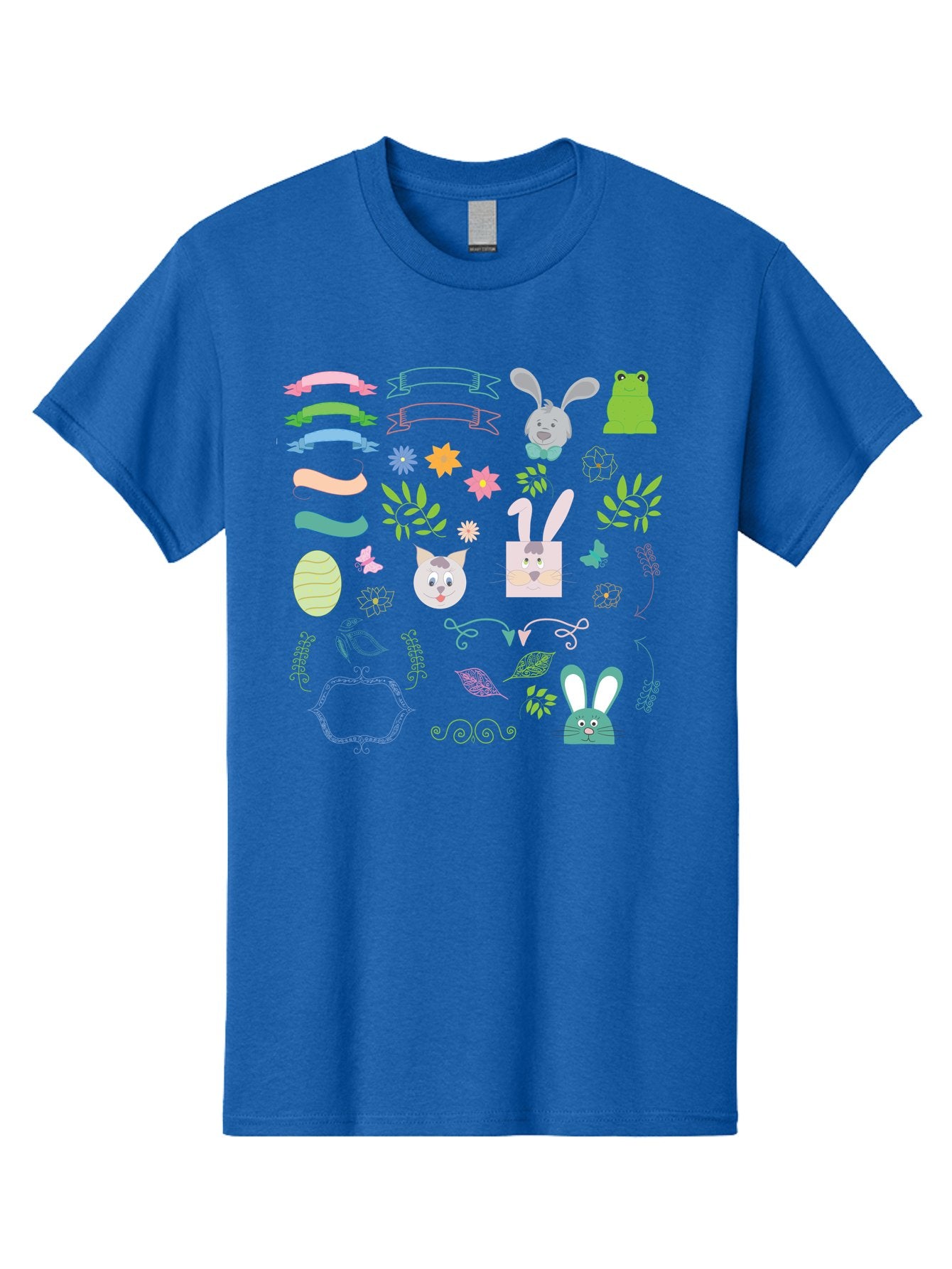 Easter-Clipart Men'S Graphic Tee, 100% Cotton, Comfortable Casual Summer Wear, Machine Washable, Bunny, Easter Eggs, Cat Face, Frog, Flowers, Butterflies, Leaves, Gift Box, Spring Decorations, Pastel Colors, Easter Basket Aac670 13