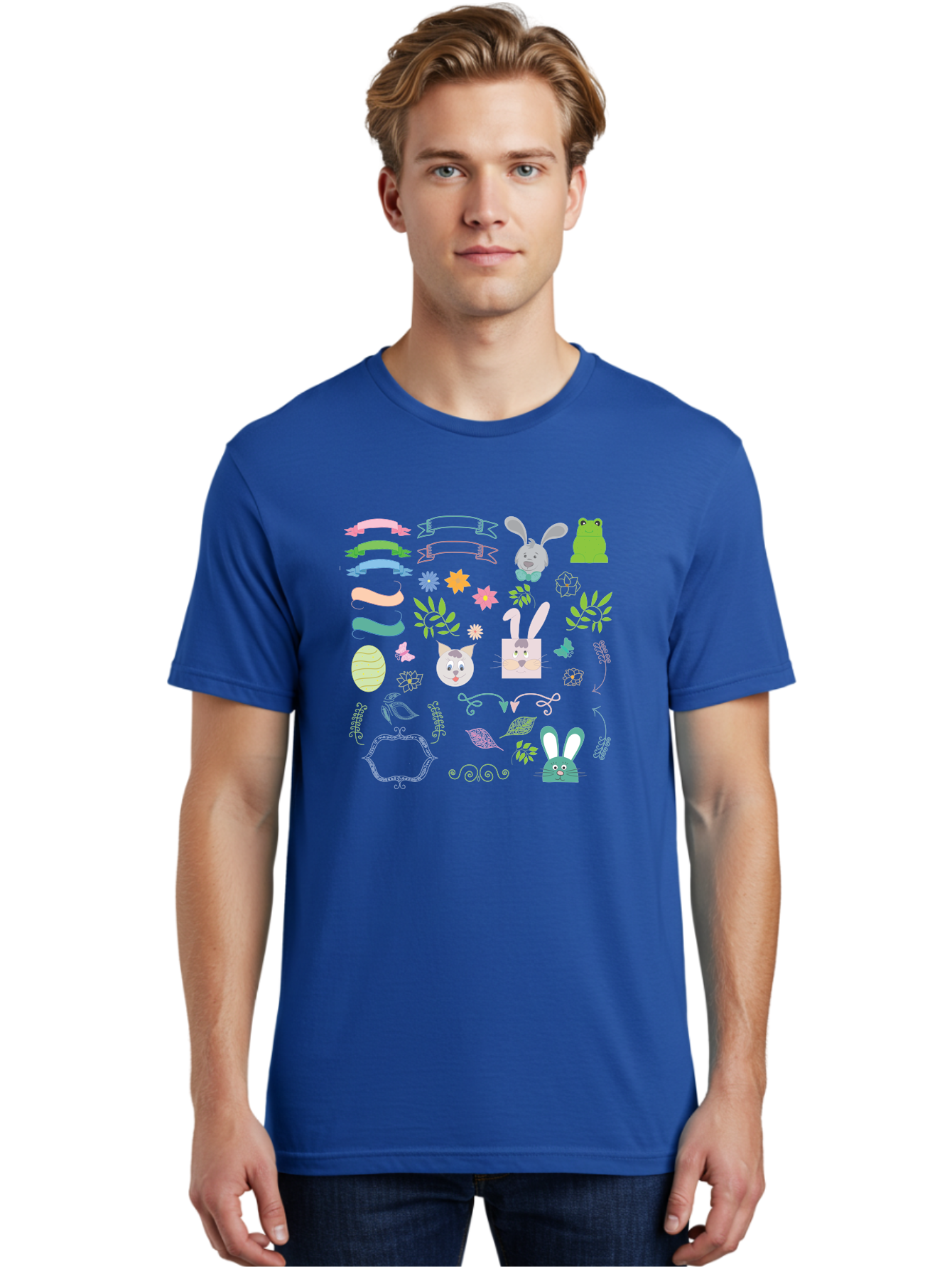 Easter-Clipart Men'S Graphic Tee, 100% Cotton, Comfortable Casual Summer Wear, Machine Washable, Bunny, Easter Eggs, Cat Face, Frog, Flowers, Butterflies, Leaves, Gift Box, Spring Decorations, Pastel Colors, Easter Basket Aac670 30
