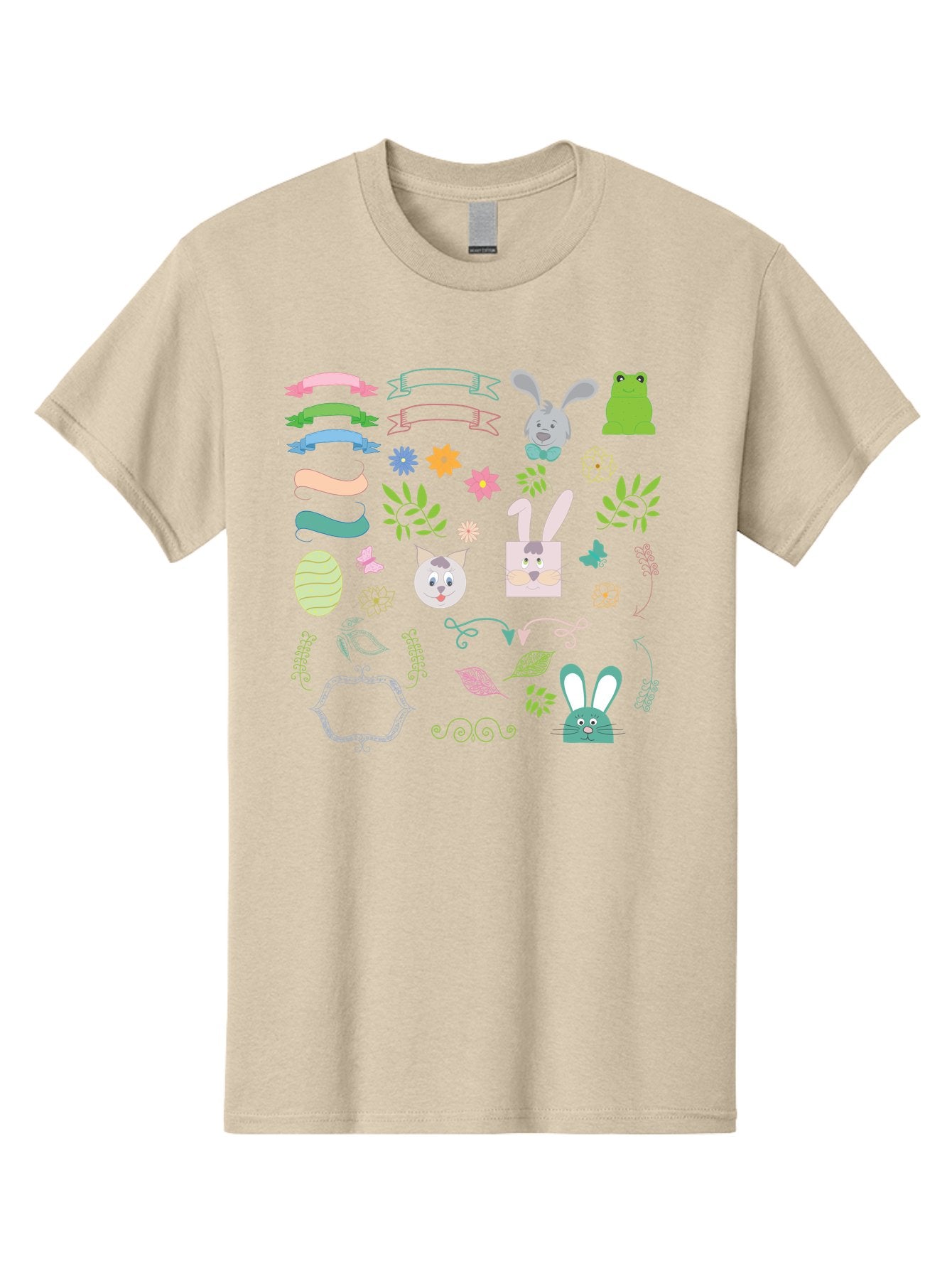 Easter-Clipart Men'S Graphic Tee, 100% Cotton, Comfortable Casual Summer Wear, Machine Washable, Bunny, Easter Eggs, Cat Face, Frog, Flowers, Butterflies, Leaves, Gift Box, Spring Decorations, Pastel Colors, Easter Basket Aac670 3