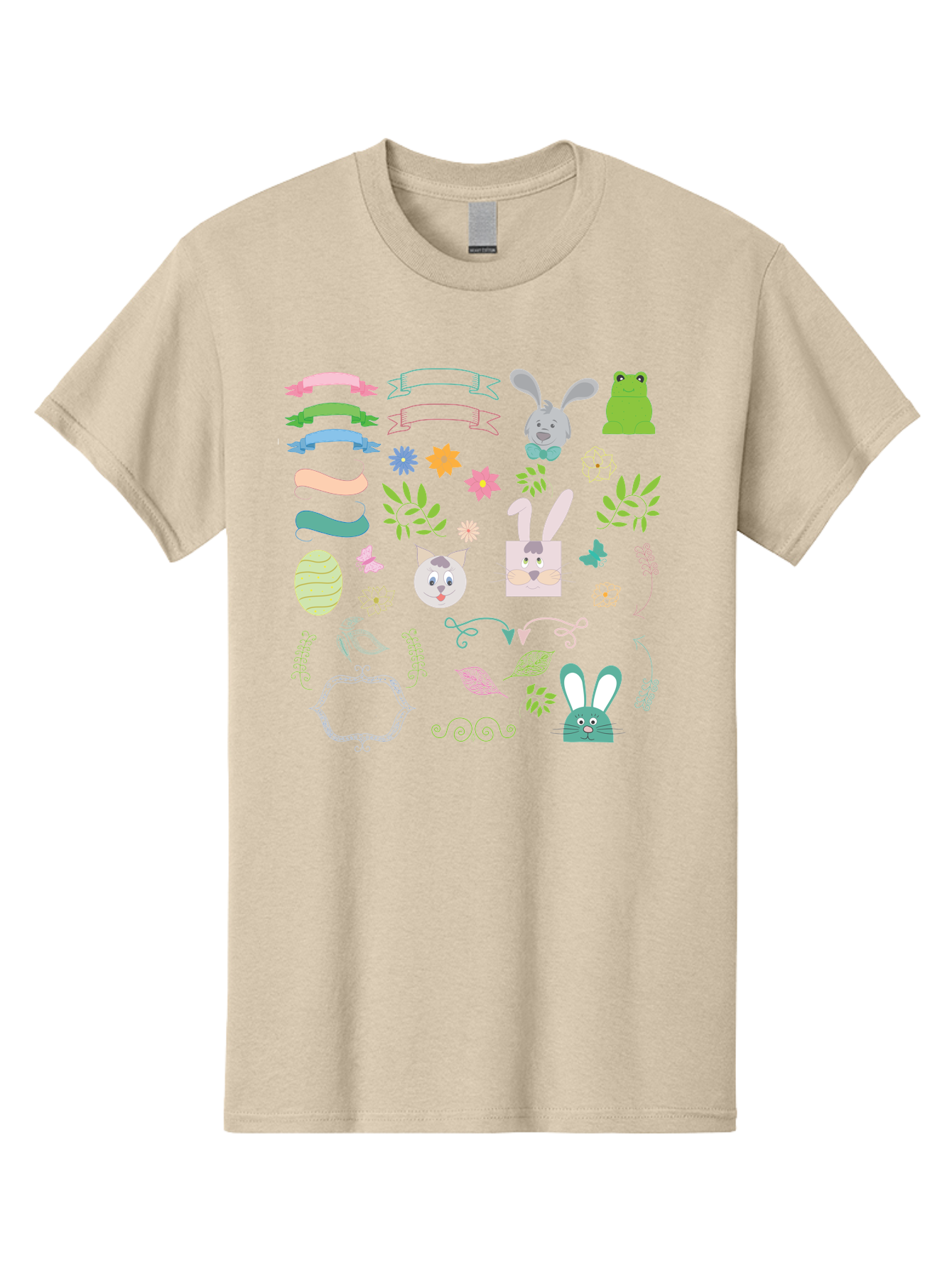 Easter-Clipart Men'S Graphic Tee, 100% Cotton, Comfortable Casual Summer Wear, Machine Washable, Bunny, Easter Eggs, Cat Face, Frog, Flowers, Butterflies, Leaves, Gift Box, Spring Decorations, Pastel Colors, Easter Basket Aac670 17