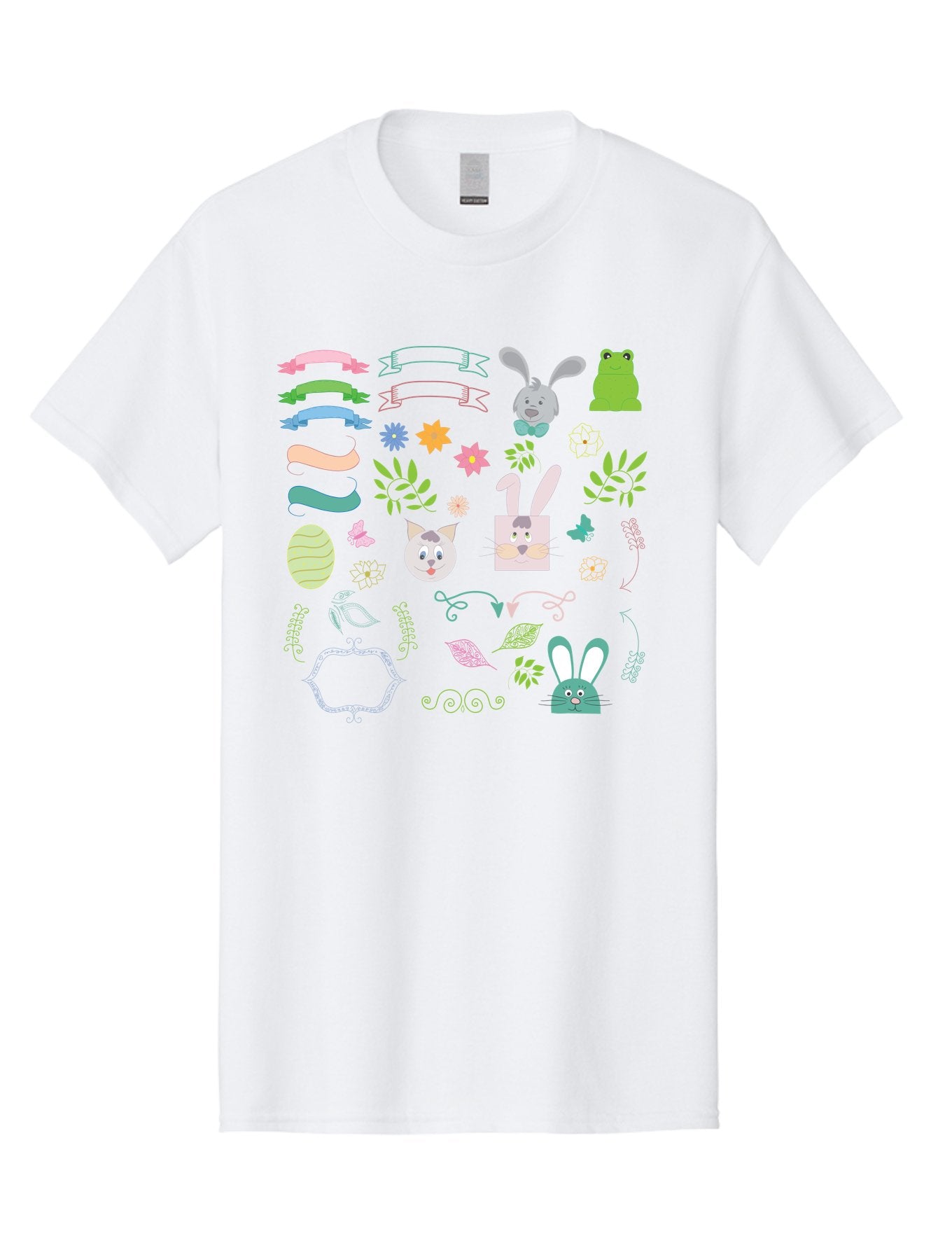Easter-Clipart Men'S Graphic Tee, 100% Cotton, Comfortable Casual Summer Wear, Machine Washable, Bunny, Easter Eggs, Cat Face, Frog, Flowers, Butterflies, Leaves, Gift Box, Spring Decorations, Pastel Colors, Easter Basket Aac670