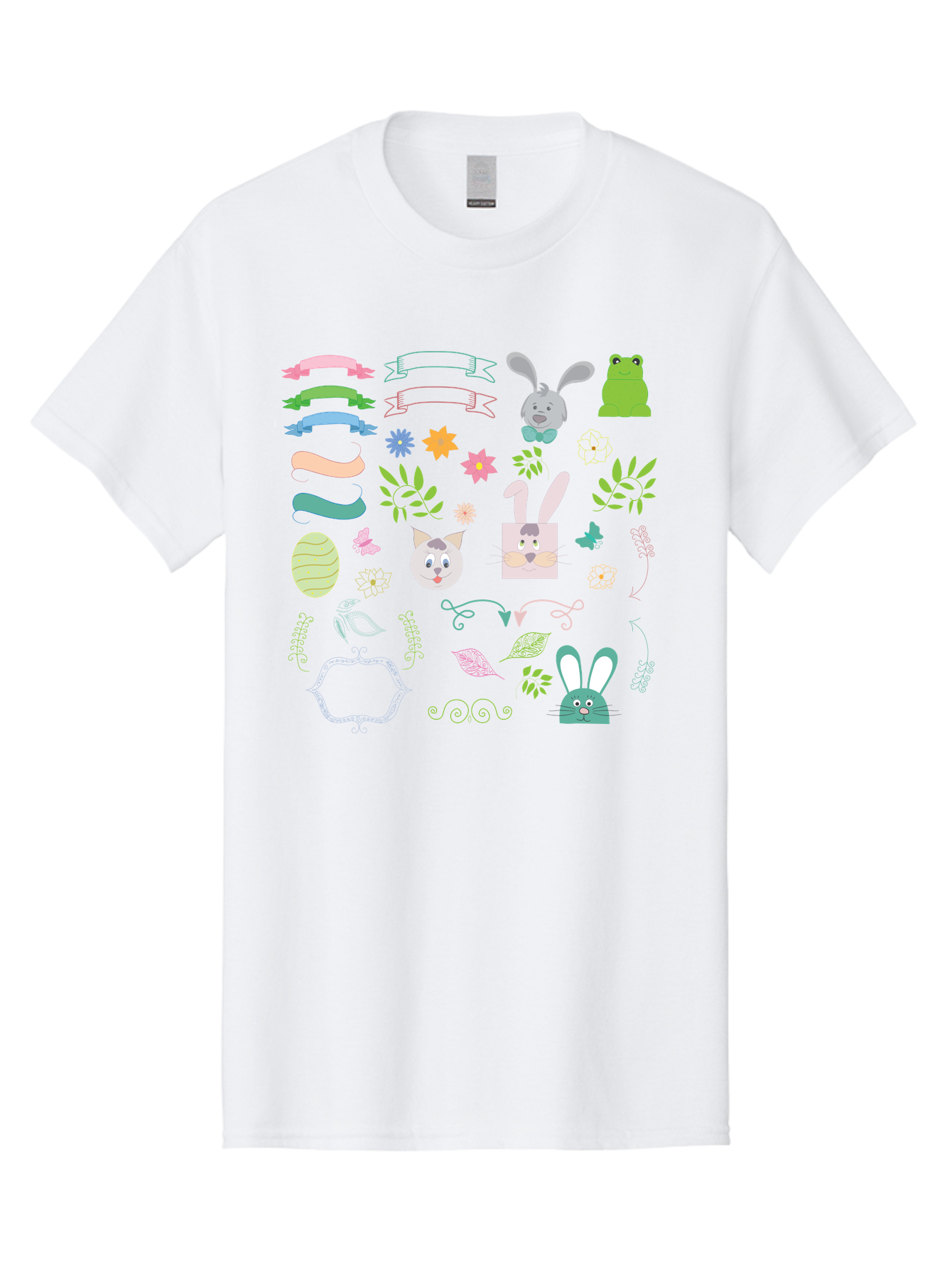 Easter-Clipart Men'S Graphic Tee, 100% Cotton, Comfortable Casual Summer Wear, Machine Washable, Bunny, Easter Eggs, Cat Face, Frog, Flowers, Butterflies, Leaves, Gift Box, Spring Decorations, Pastel Colors, Easter Basket Aac670 21
