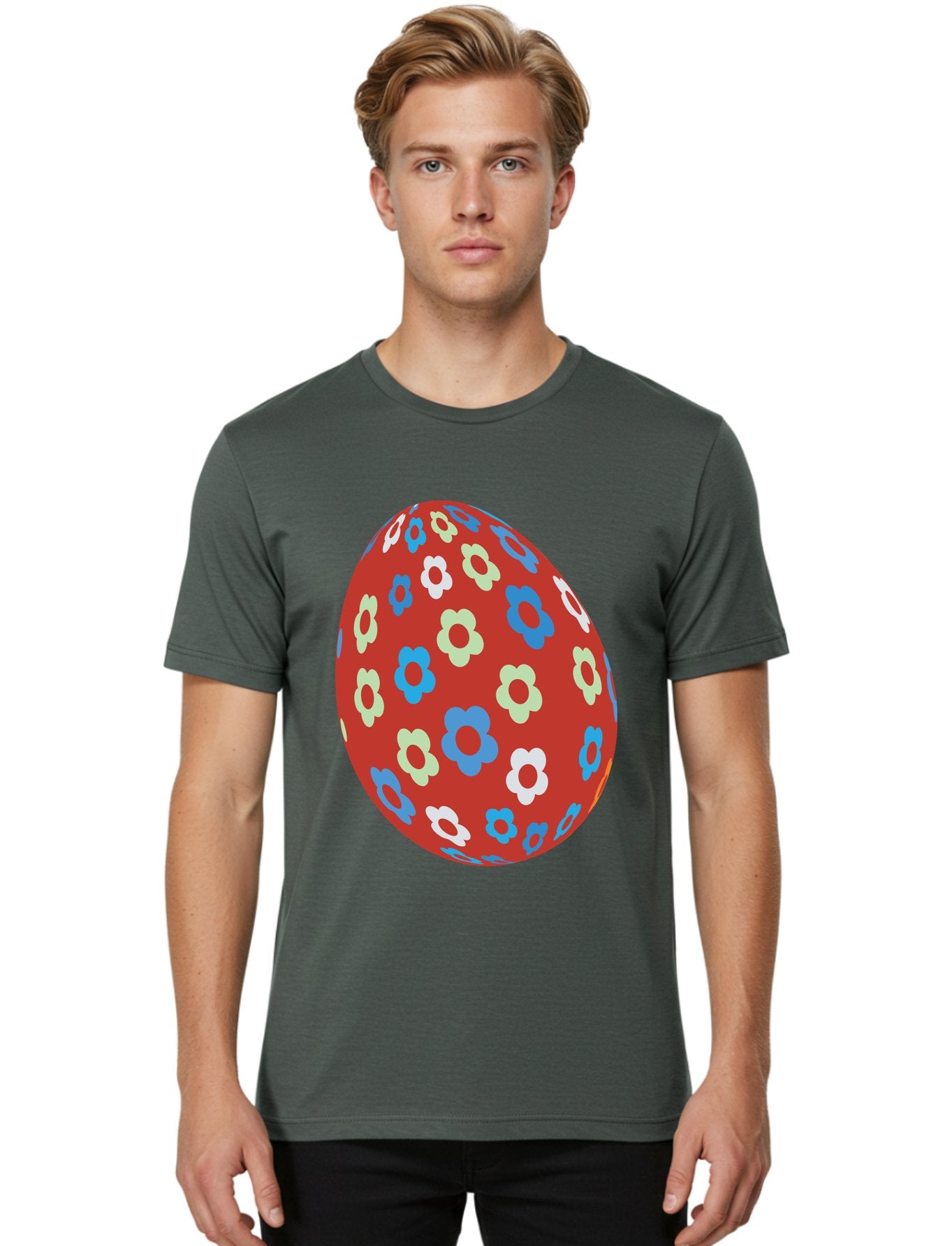 Easter-Egg-1 Men'S Graphic Tee, 100% Cotton, Comfortable Casual Summer Wear, Machine Washable, Easter Egg, Floral Pattern, Colorful Flowers, Red Egg, Blue Flowers, White Flowers, Green Flowers, Festive Design, Spring Theme, Decorated Egg, Aac671 22