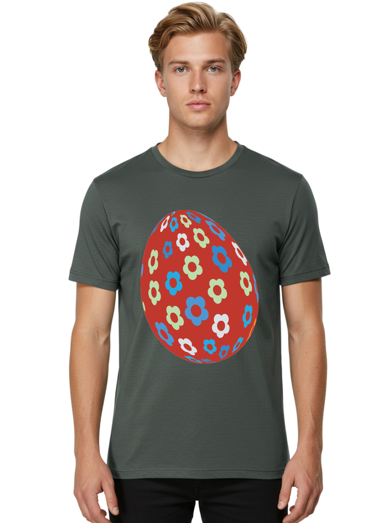 Easter-Egg-1 Men'S Graphic Tee, 100% Cotton, Comfortable Casual Summer Wear, Machine Washable, Easter Egg, Floral Pattern, Colorful Flowers, Red Egg, Blue Flowers, White Flowers, Green Flowers, Festive Design, Spring Theme, Decorated Egg, Aac671 18