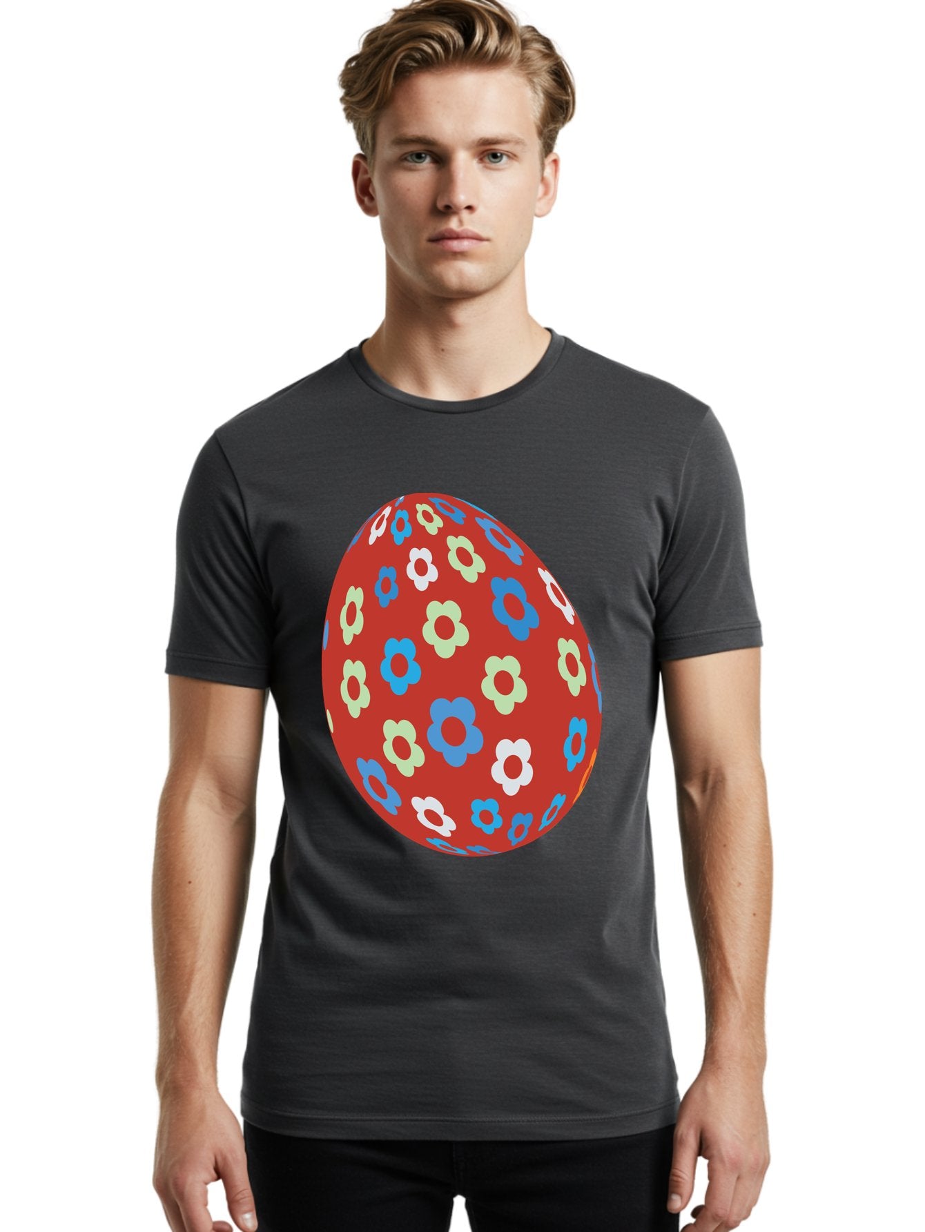 Easter-Egg-1 Men'S Graphic Tee, 100% Cotton, Comfortable Casual Summer Wear, Machine Washable, Easter Egg, Floral Pattern, Colorful Flowers, Red Egg, Blue Flowers, White Flowers, Green Flowers, Festive Design, Spring Theme, Decorated Egg, Aac671 17