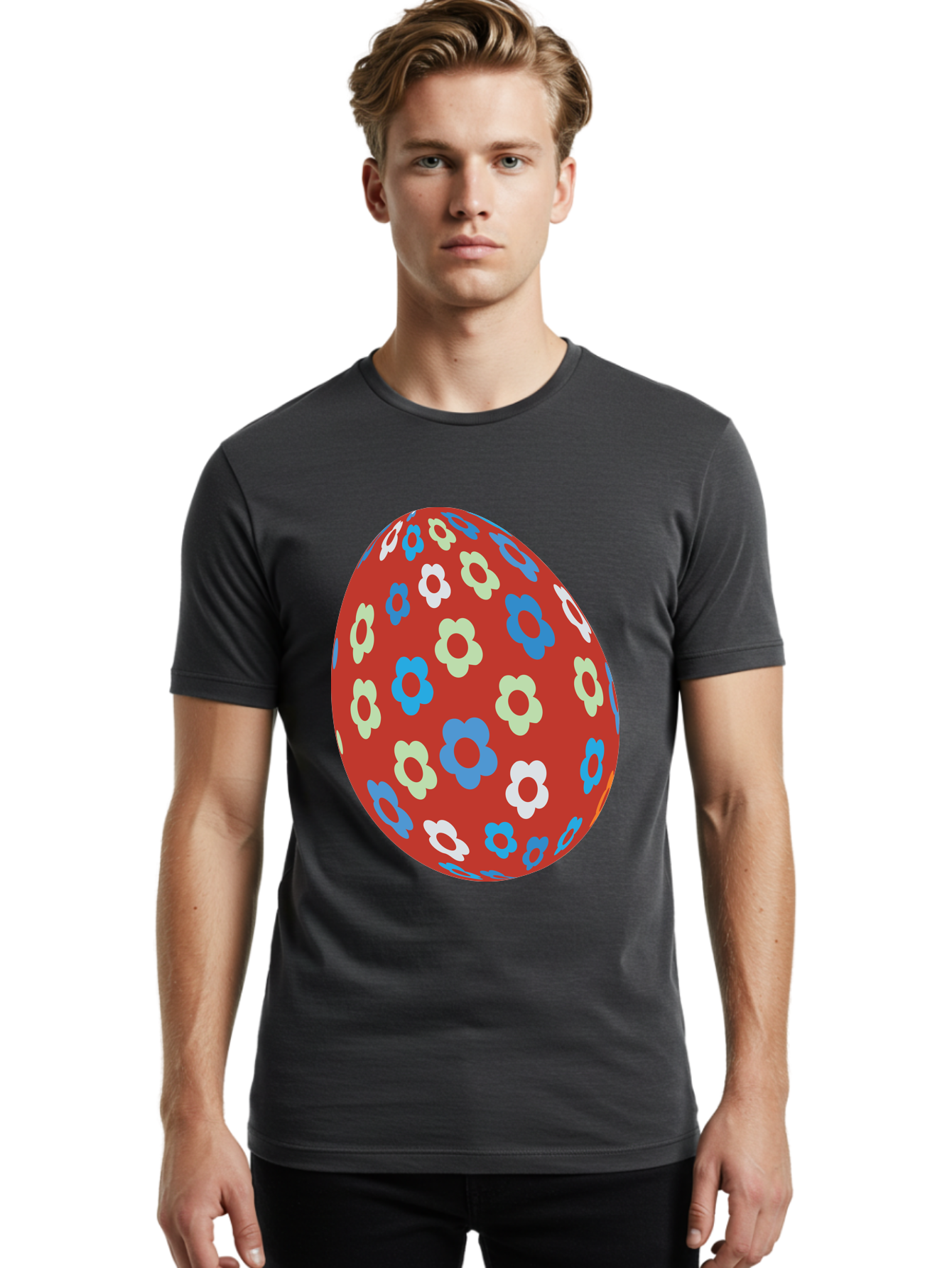 Easter-Egg-1 Men'S Graphic Tee, 100% Cotton, Comfortable Casual Summer Wear, Machine Washable, Easter Egg, Floral Pattern, Colorful Flowers, Red Egg, Blue Flowers, White Flowers, Green Flowers, Festive Design, Spring Theme, Decorated Egg, Aac671 28
