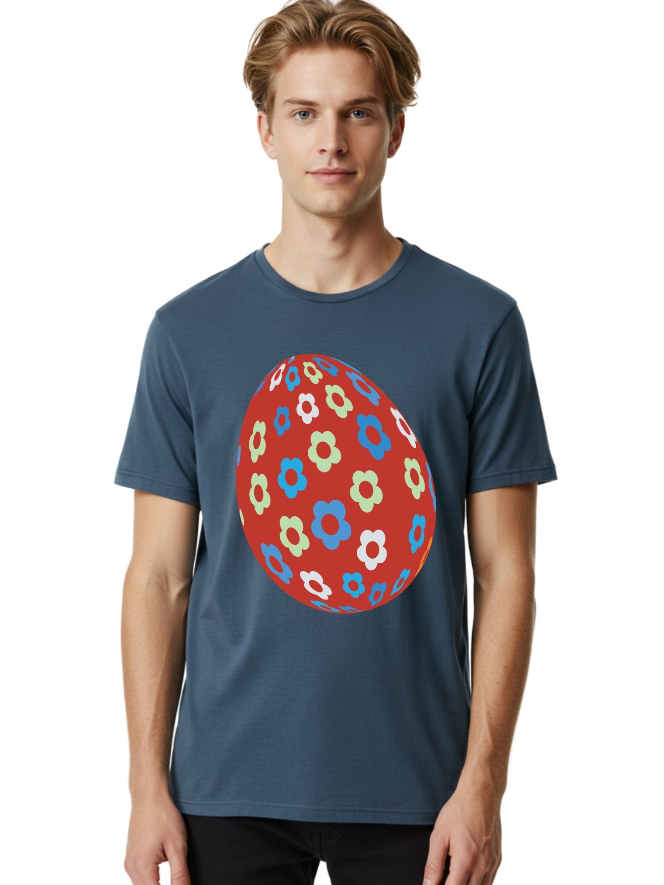 Easter-Egg-1 Men'S Graphic Tee, 100% Cotton, Comfortable Casual Summer Wear, Machine Washable, Easter Egg, Floral Pattern, Colorful Flowers, Red Egg, Blue Flowers, White Flowers, Green Flowers, Festive Design, Spring Theme, Decorated Egg, Aac671 25
